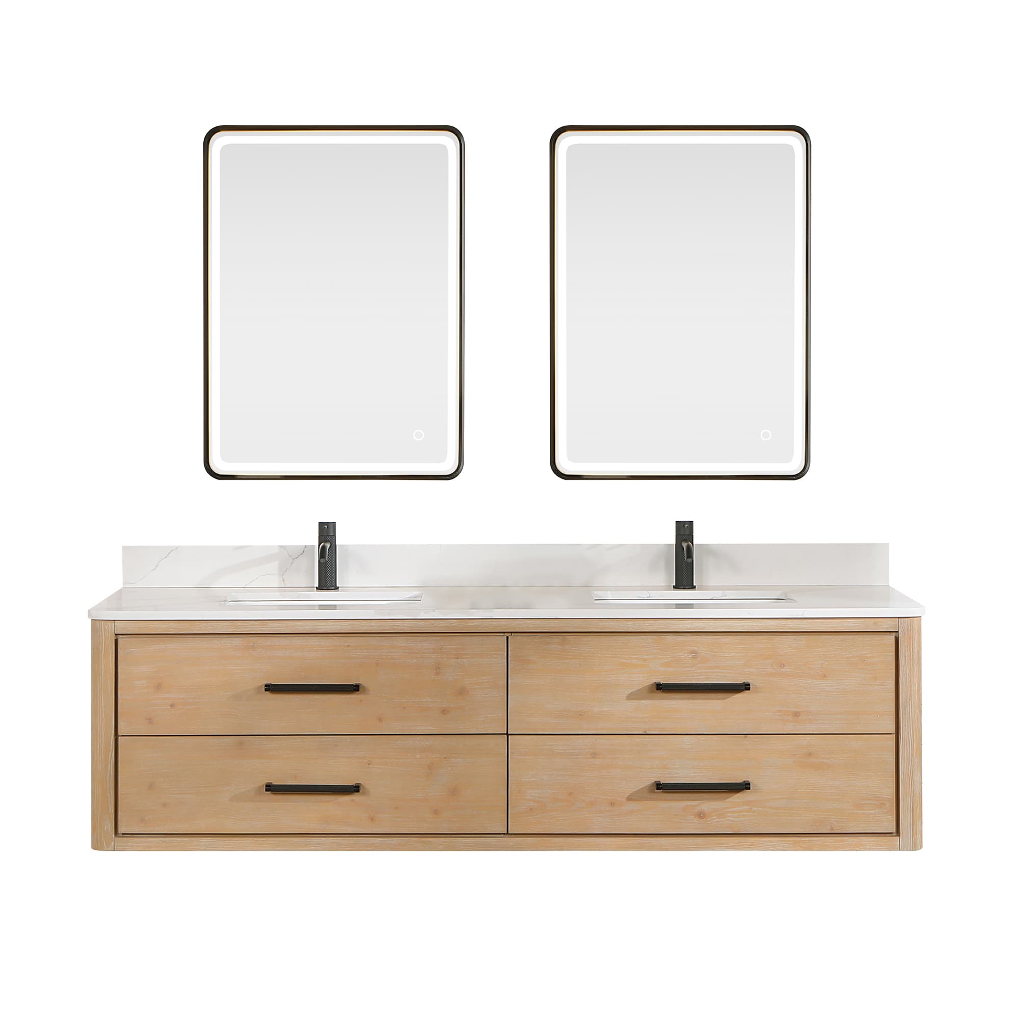 Cristo 72" Floating Double Bath Vanity in Fir Wood Brown with Fish Maw White Quartz Stone Top and Mirror material