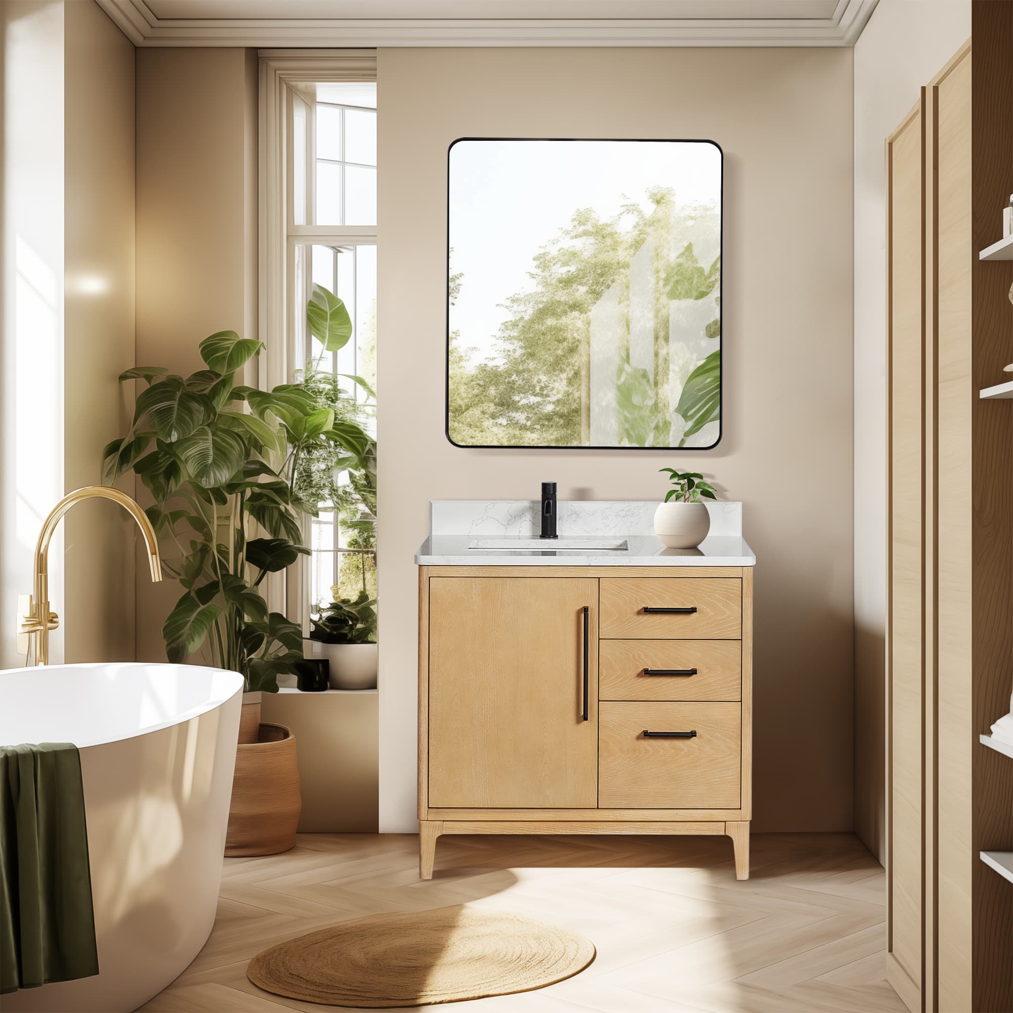 Gara 36" Free-standing Single Bath Vanity in Washed Ash Grey with White Grain Composite Stone Top and Mirror material