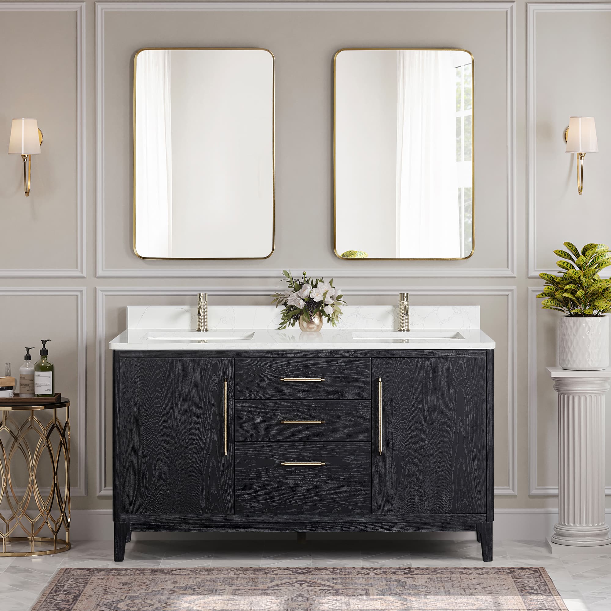Gara 60M" Free-standing Double Bath Vanity in Fir Wood Black with White Grain Composite Stone Top and Mirror material