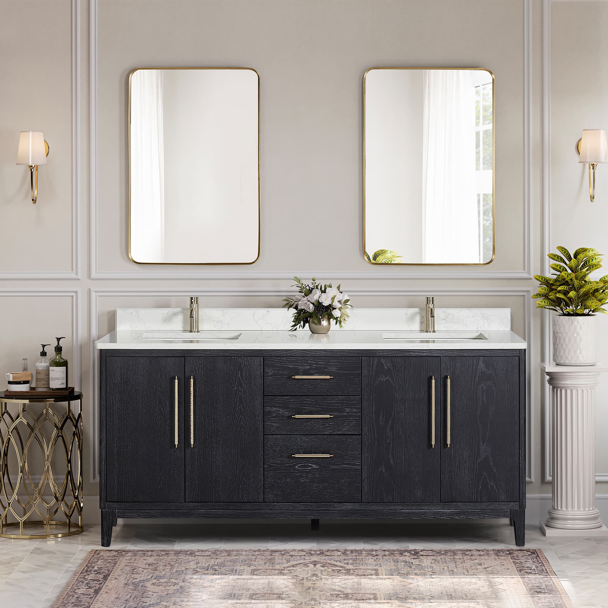 Gara 72" Free-standing Double Bath Vanity in Fir Wood Black with White Grain Composite Stone Top material