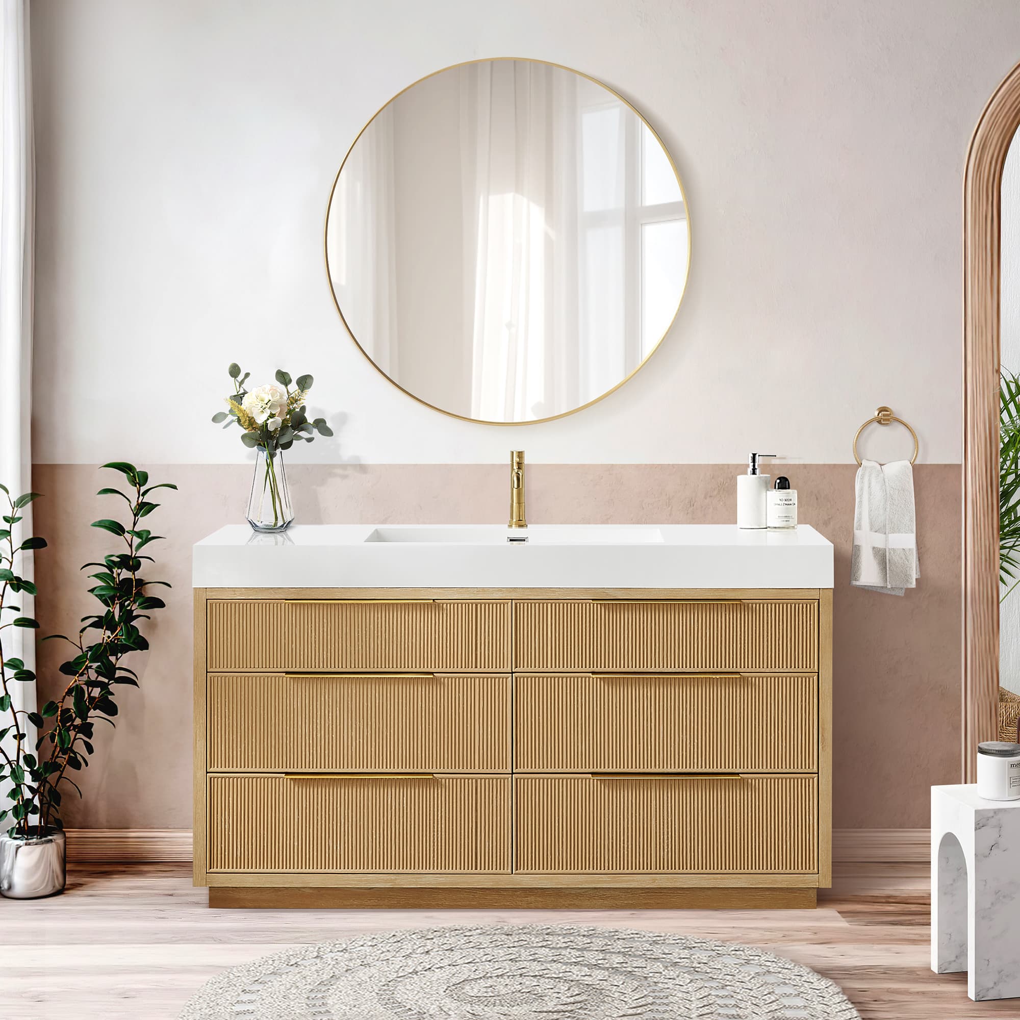 Hohhot 60" Free-standing Single Bath Vanity in Washed Ash Grey with White Integrated Stone Sink Top material