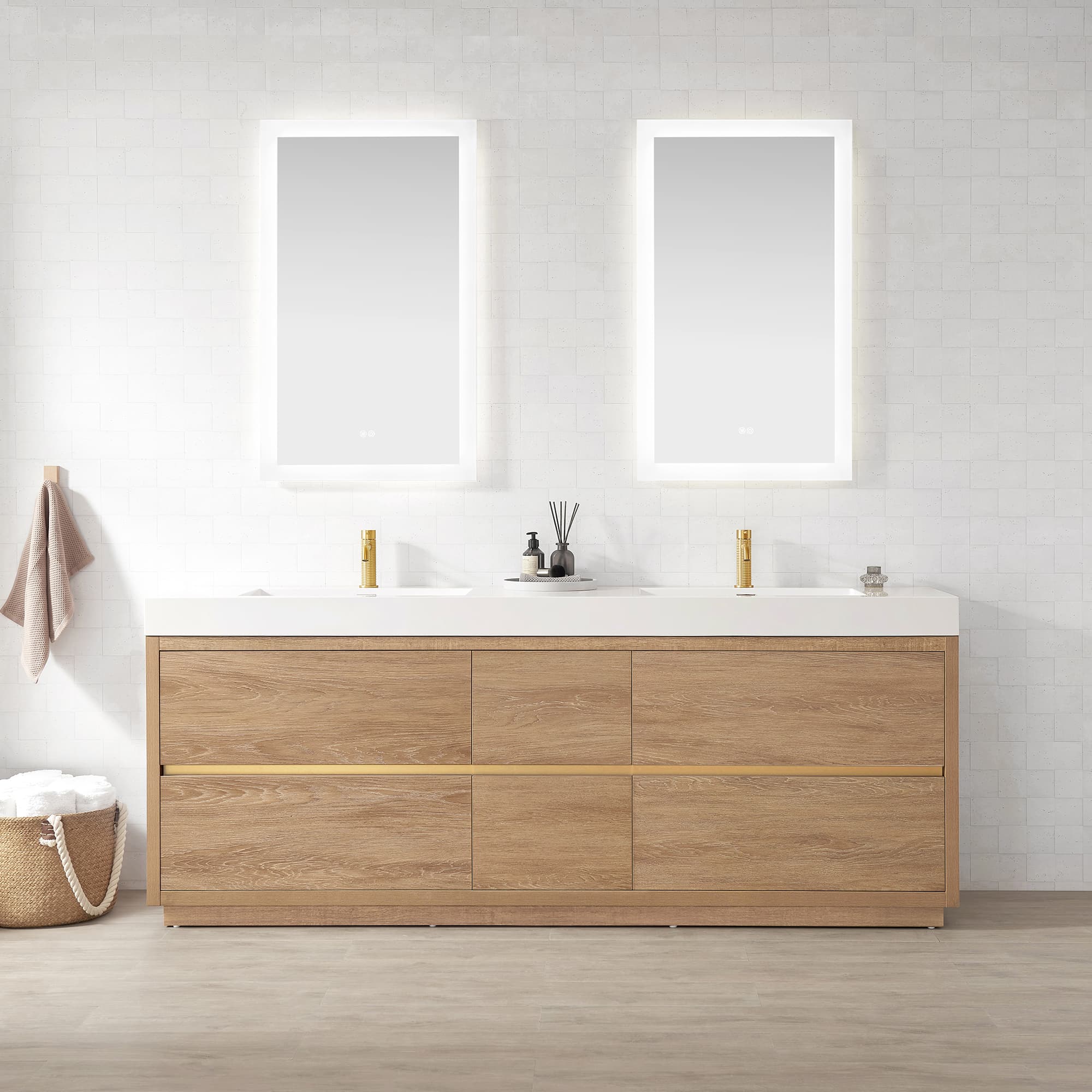Huesca 84" Double Sink Bath Vanity in North American Oak with White Composite Integral Square Sink Top material