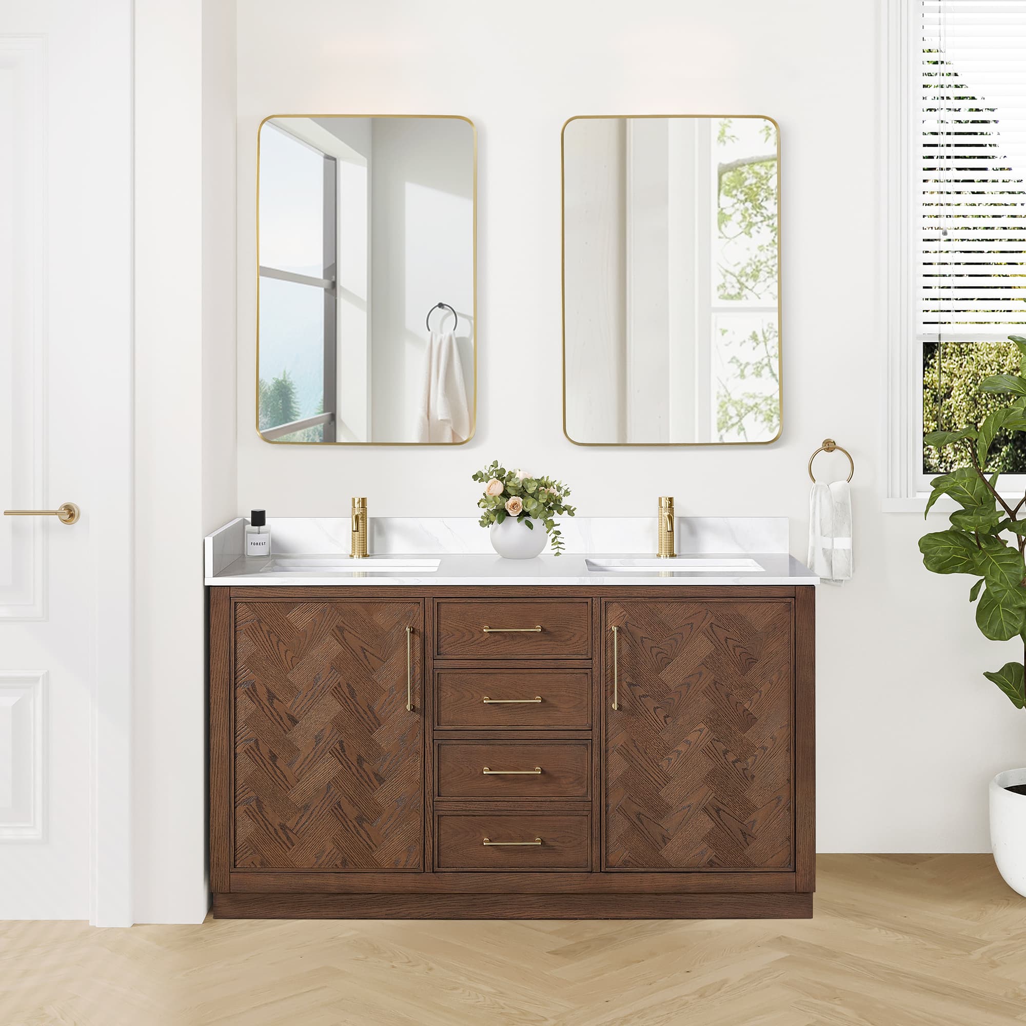 Jakarta 60M" Freestanding Double Bath Vanity in Aged Dark Brown Oak with Silk White Quartz Stone Top material