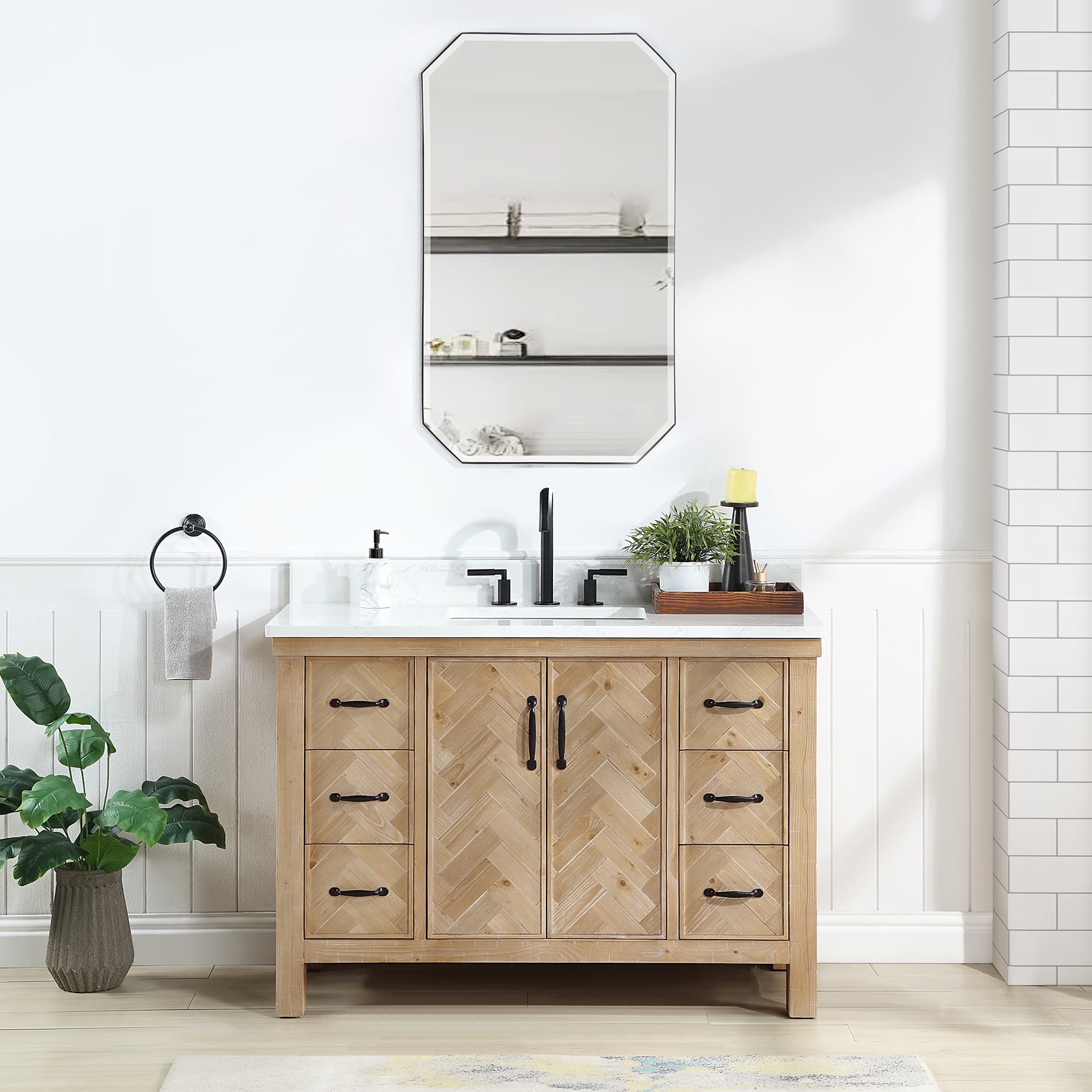 Javier 48" Free-standing Single Bath Vanity in Spruce Antique Brown with White Grain Composite Stone Top and Mirror material