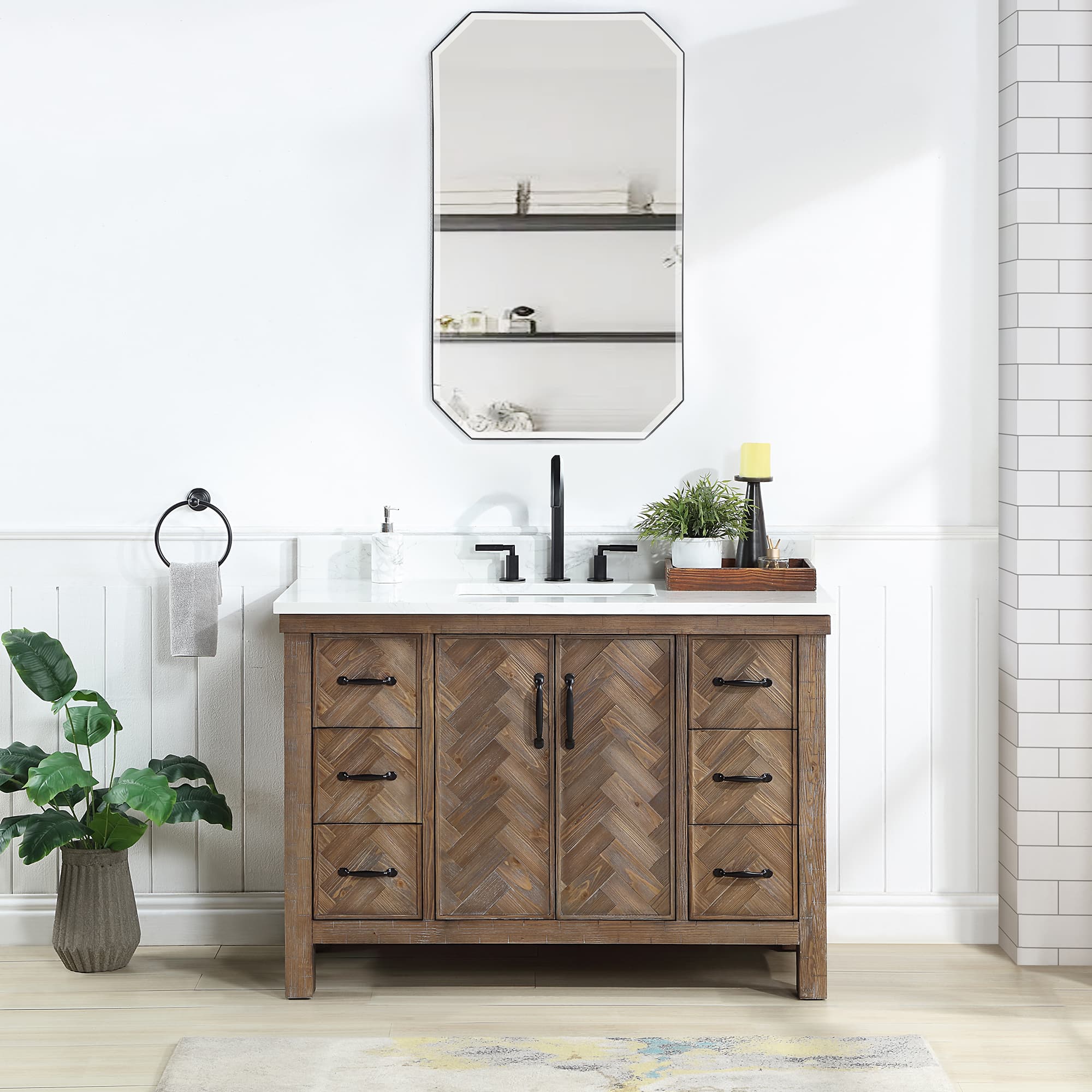 Javier 48" Free-standing Single Bath Vanity in Spruce Antique Gray with White Grain Composite Stone Top and Mirror material