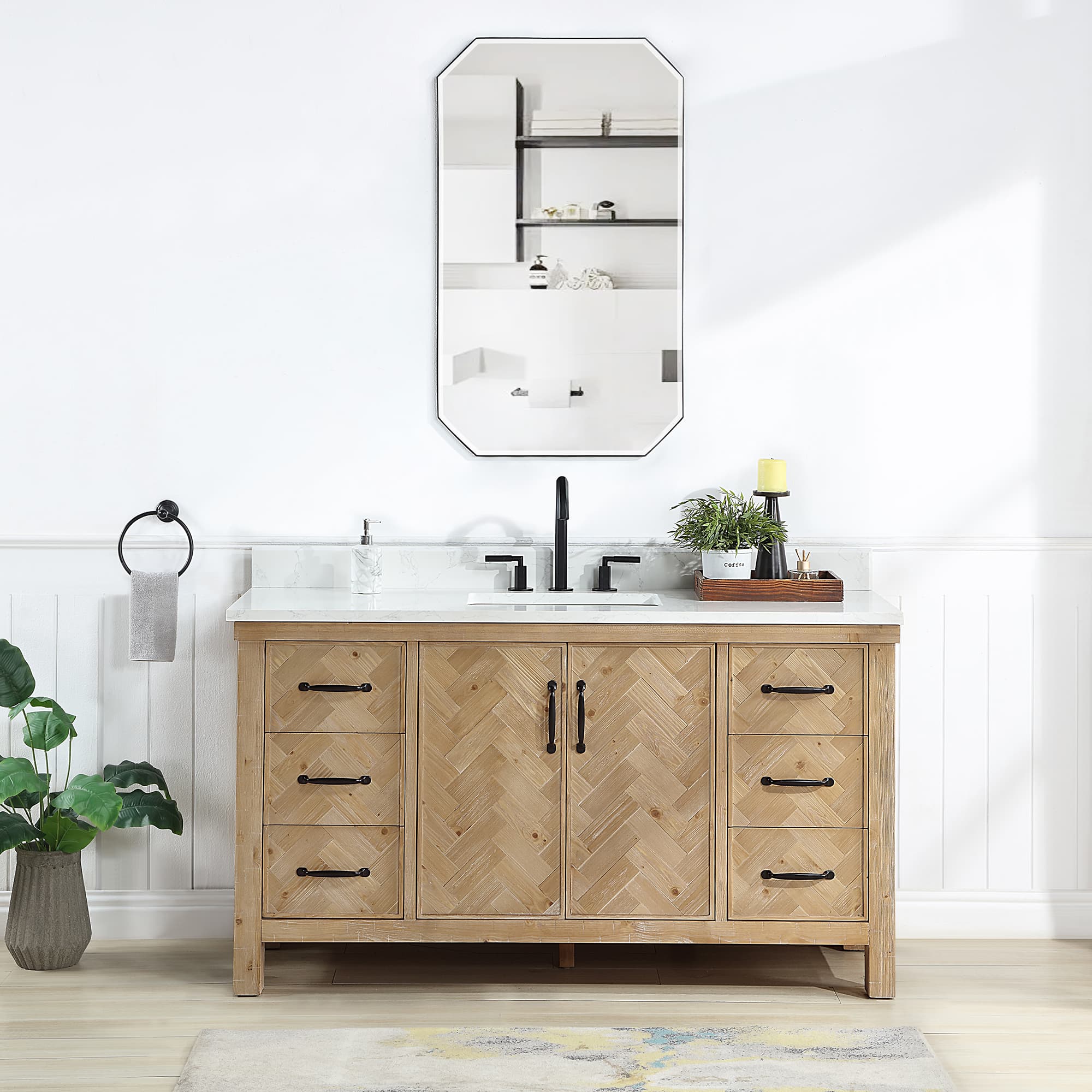 Javier 60" Free-standing Single Bath Vanity in Spruce Antique Brown with White Grain Composite Stone Top material