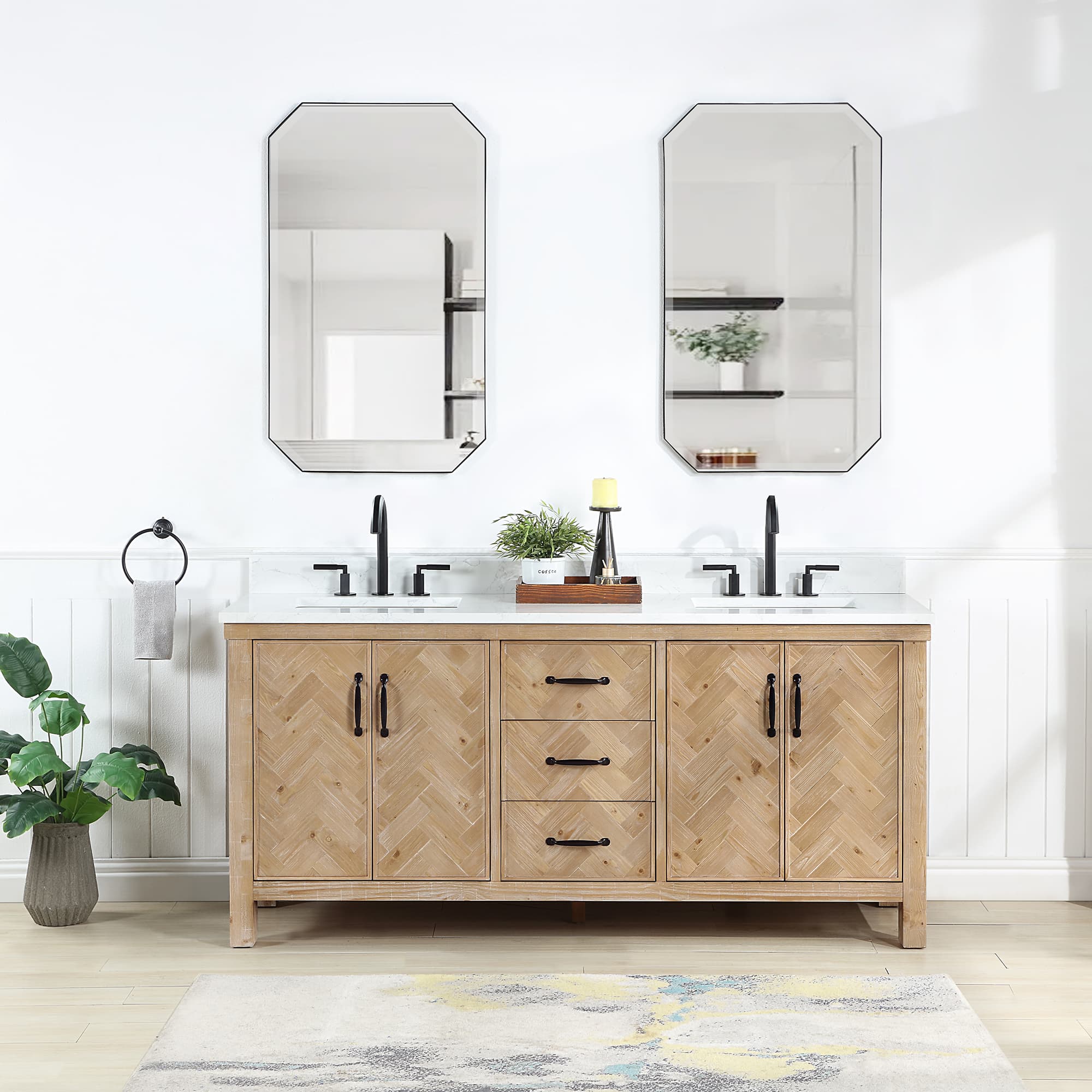 Javier 72" Free-standing Double Bath Vanity in Spruce Antique Brown with White Grain Composite Stone Top and Mirror material