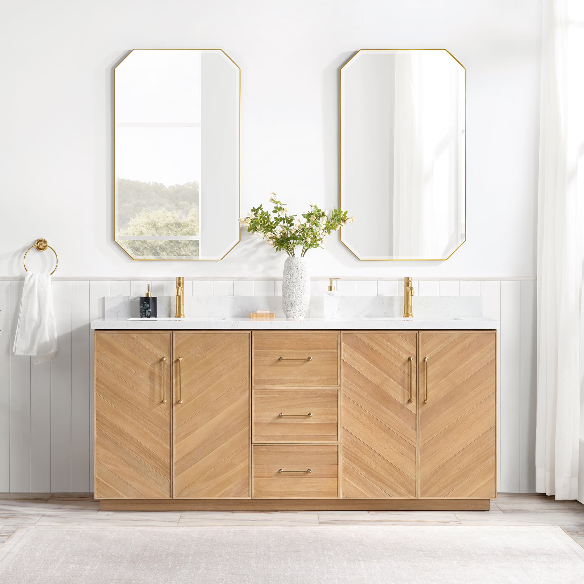 Karachi 72" Double Sink Bath Vanity in Acacia Classic Gray with White Grain Composite Stone Top material