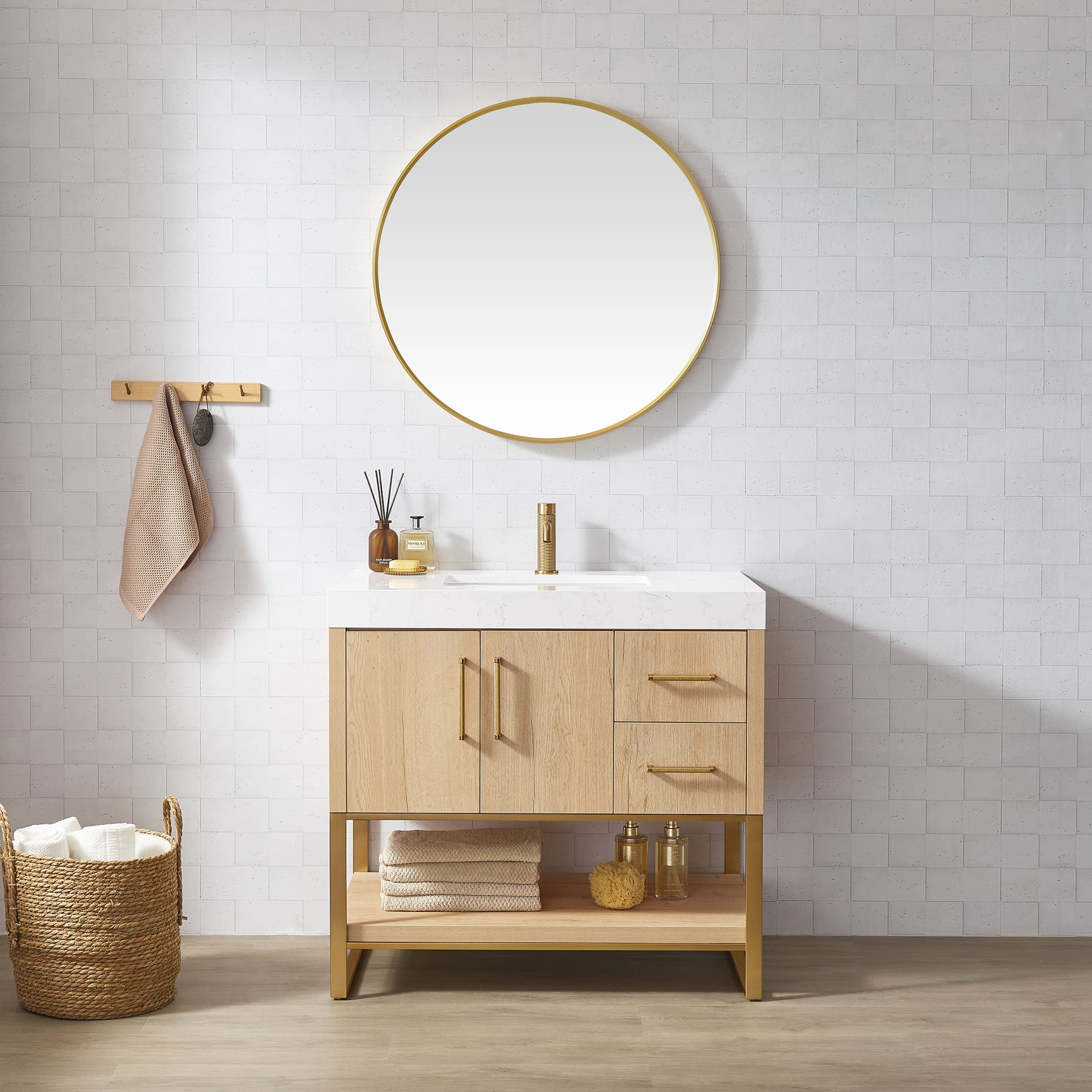 Kolkata 36" Single Sink Bath Vanity in Weathered Oak with White Grain Composite Stone Top material