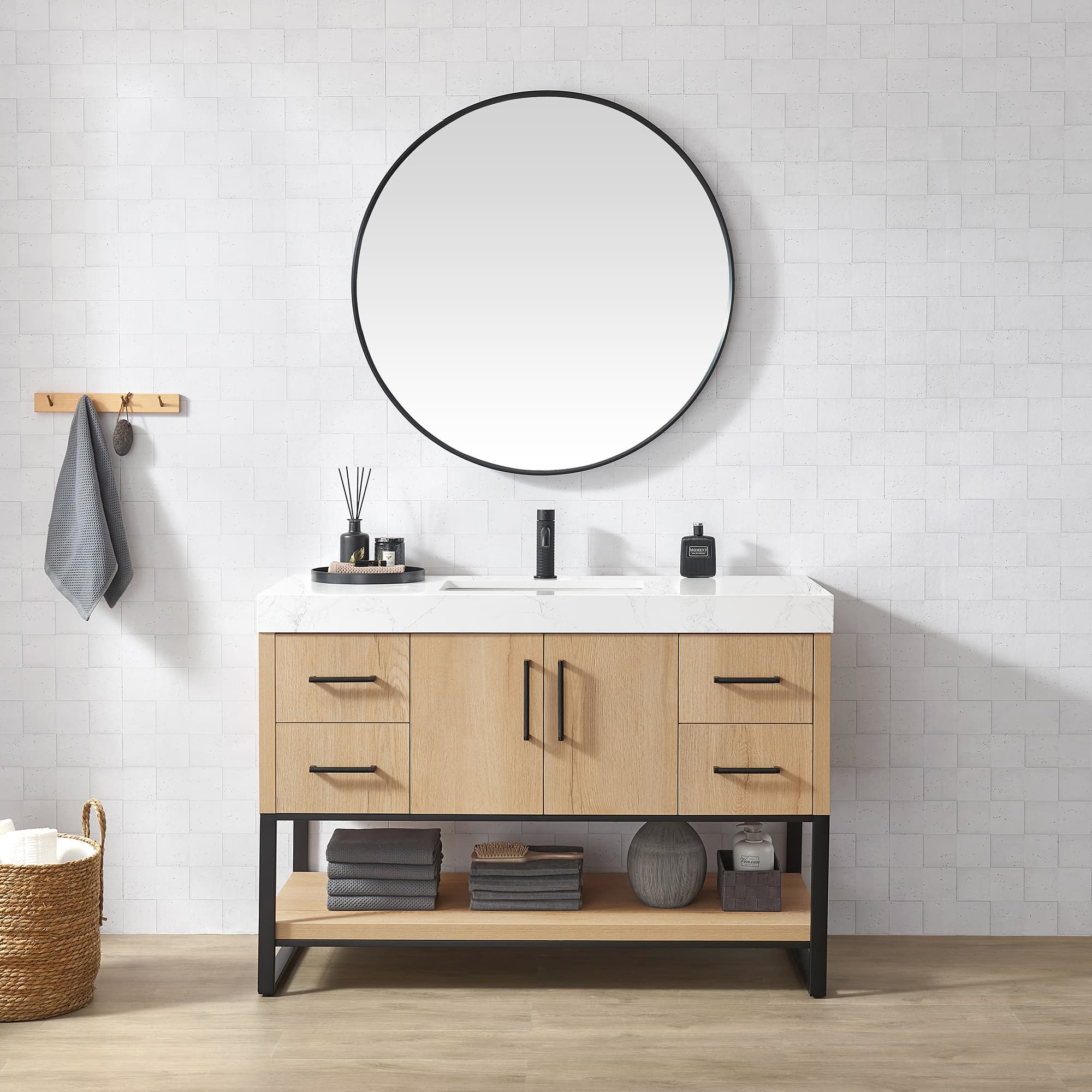 Kolkata 48B" Single Sink Bath Vanity in Weathered Oak with White Grain Composite Stone Top material
