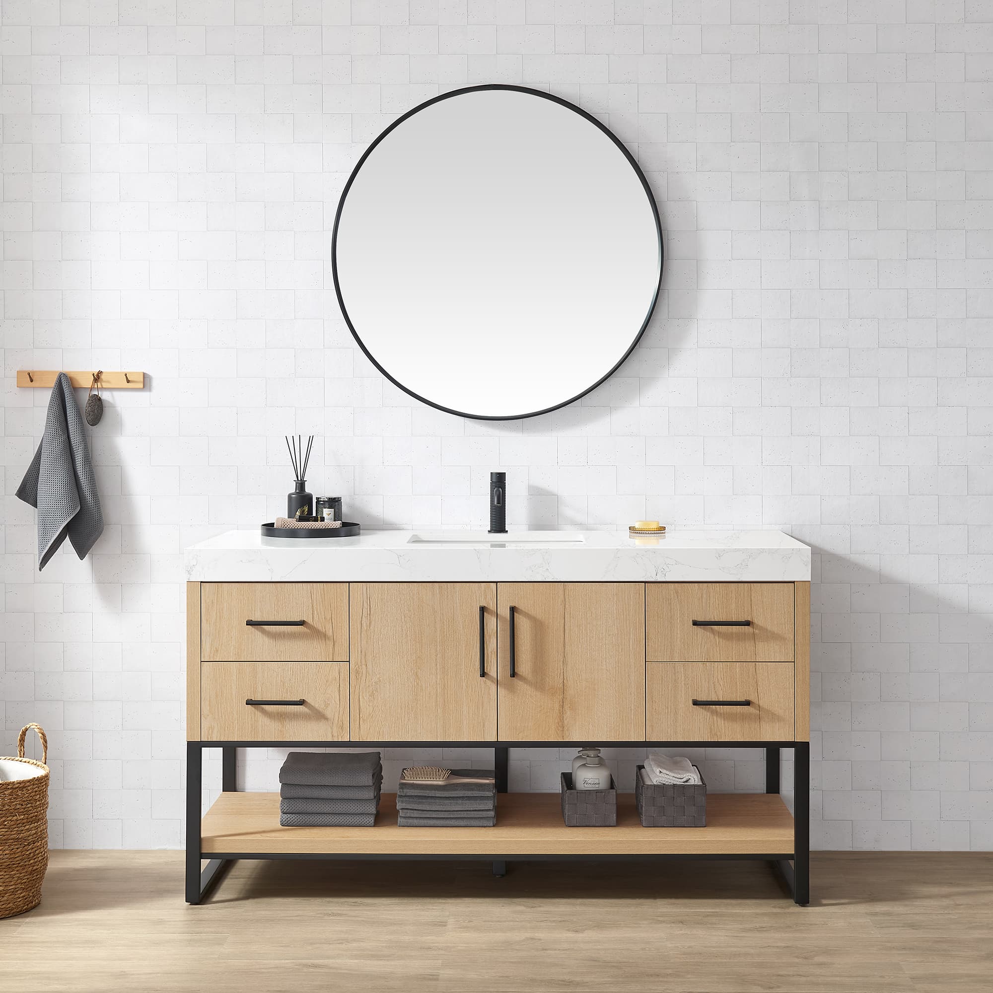 Kolkata 60B" Single Sink Bath Vanity in Weathered Oak with White Grain Composite Stone Top material