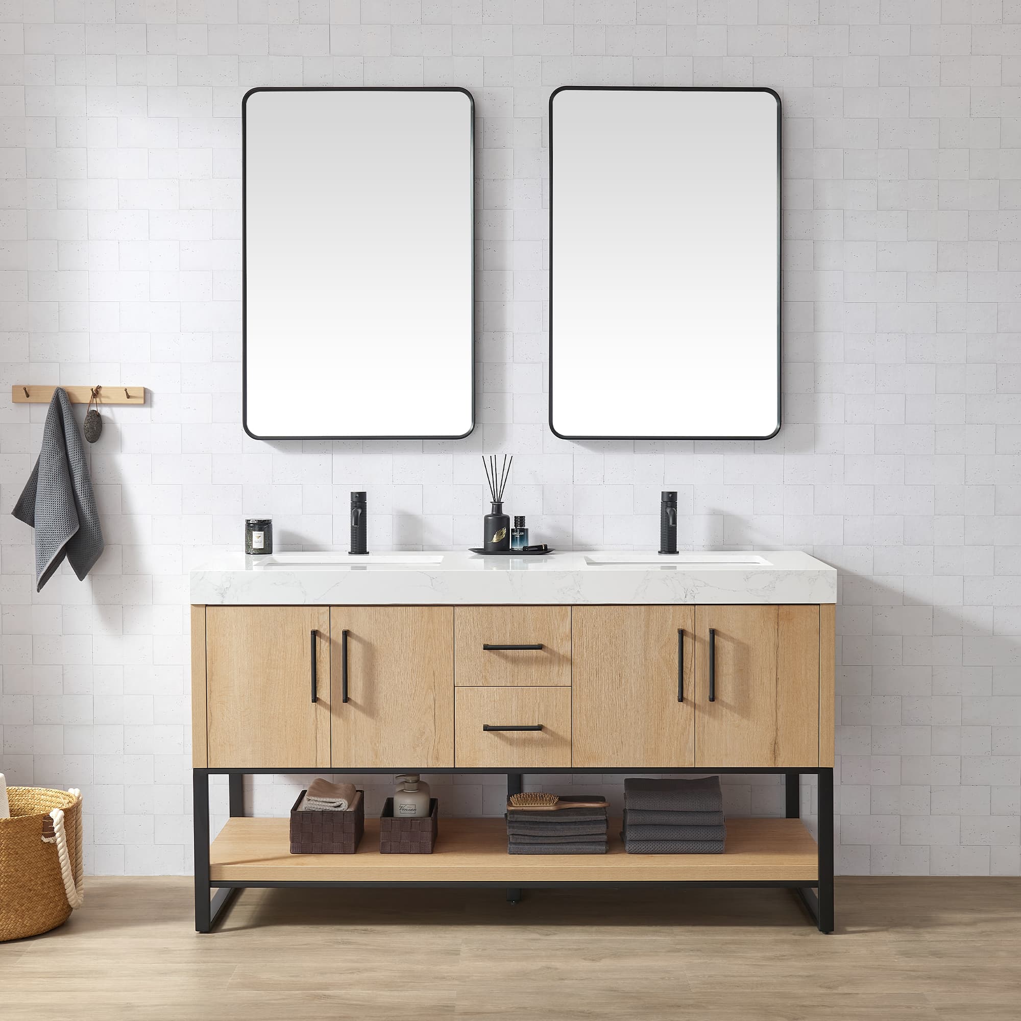 Kolkata 60MB" Double Sink Bath Vanity in Weathered Oak with White Grain Composite Stone Top material