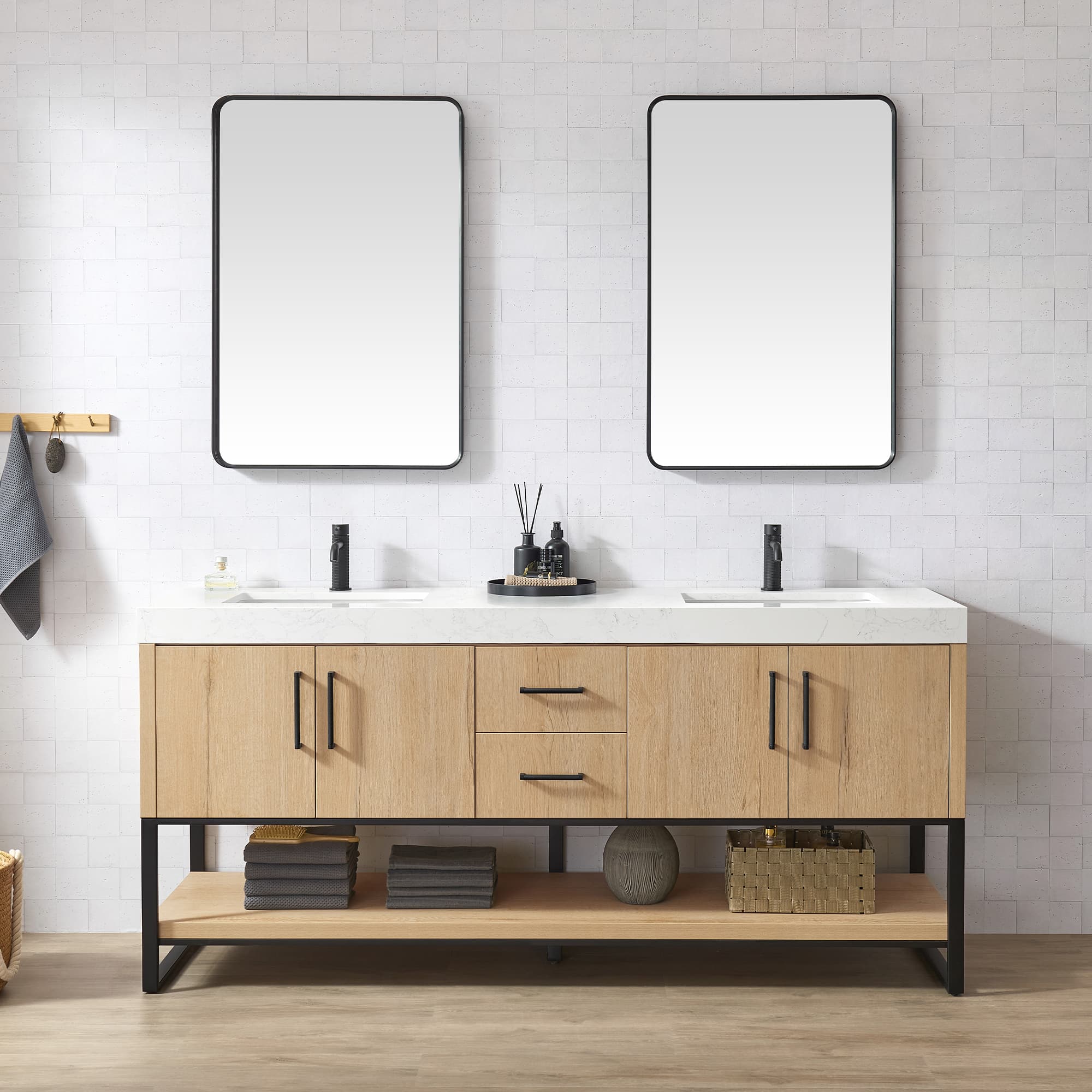 Kolkata 72MB" Double Sink Bath Vanity in Weathered Oak with White Grain Composite Stone Top material
