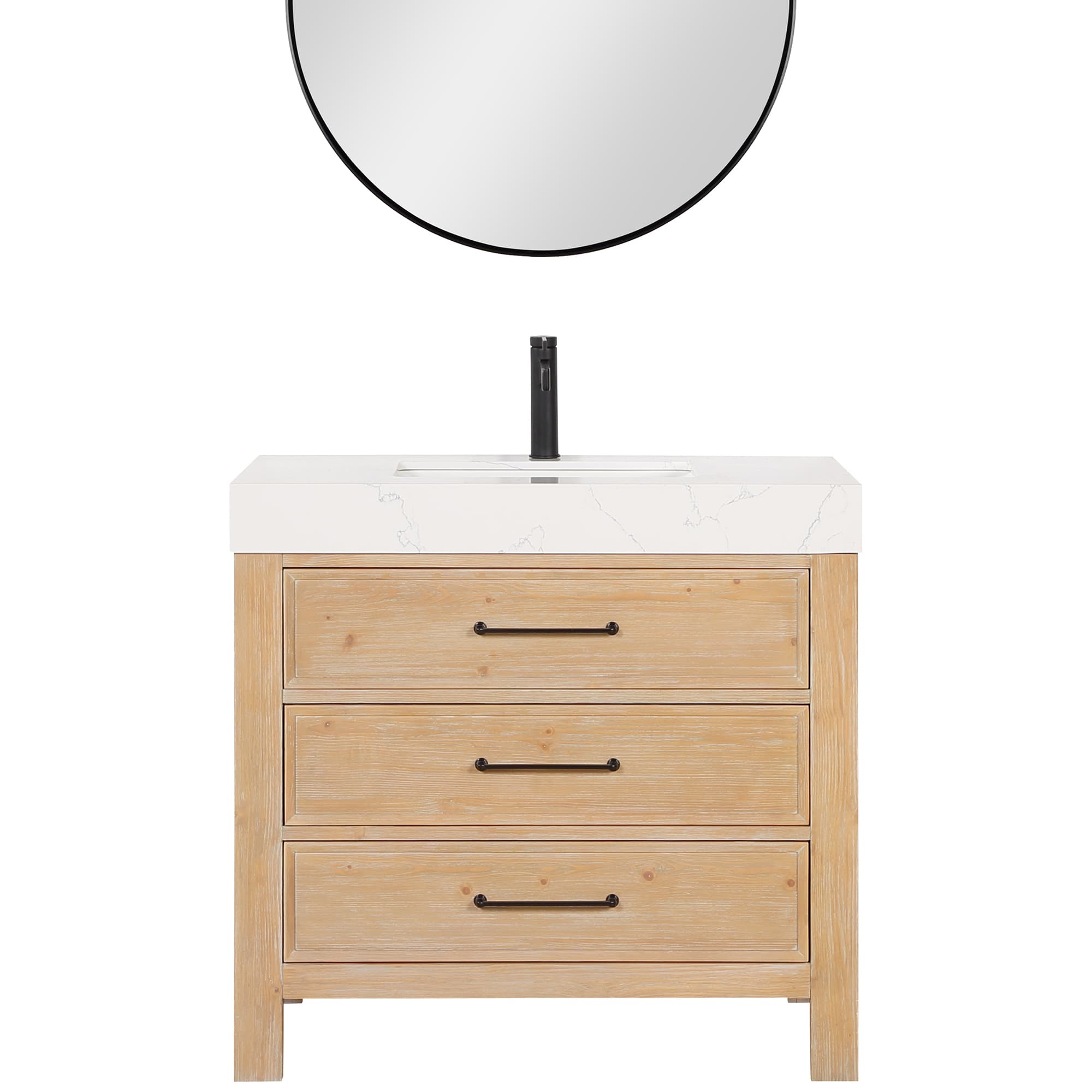 León 36in. Free-standing Single Bathroom Vanity in Fir Wood Brown with Composite top in Lightning White and Mirror material