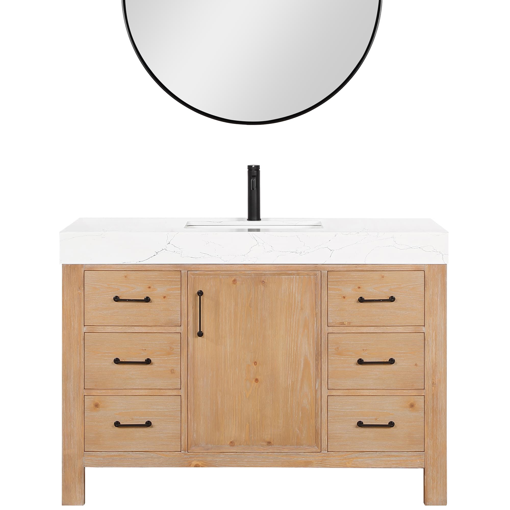 León 48in. Free-standing Single Bathroom Vanity in Fir Wood Brown with Composite top in Lightning White and Mirror material
