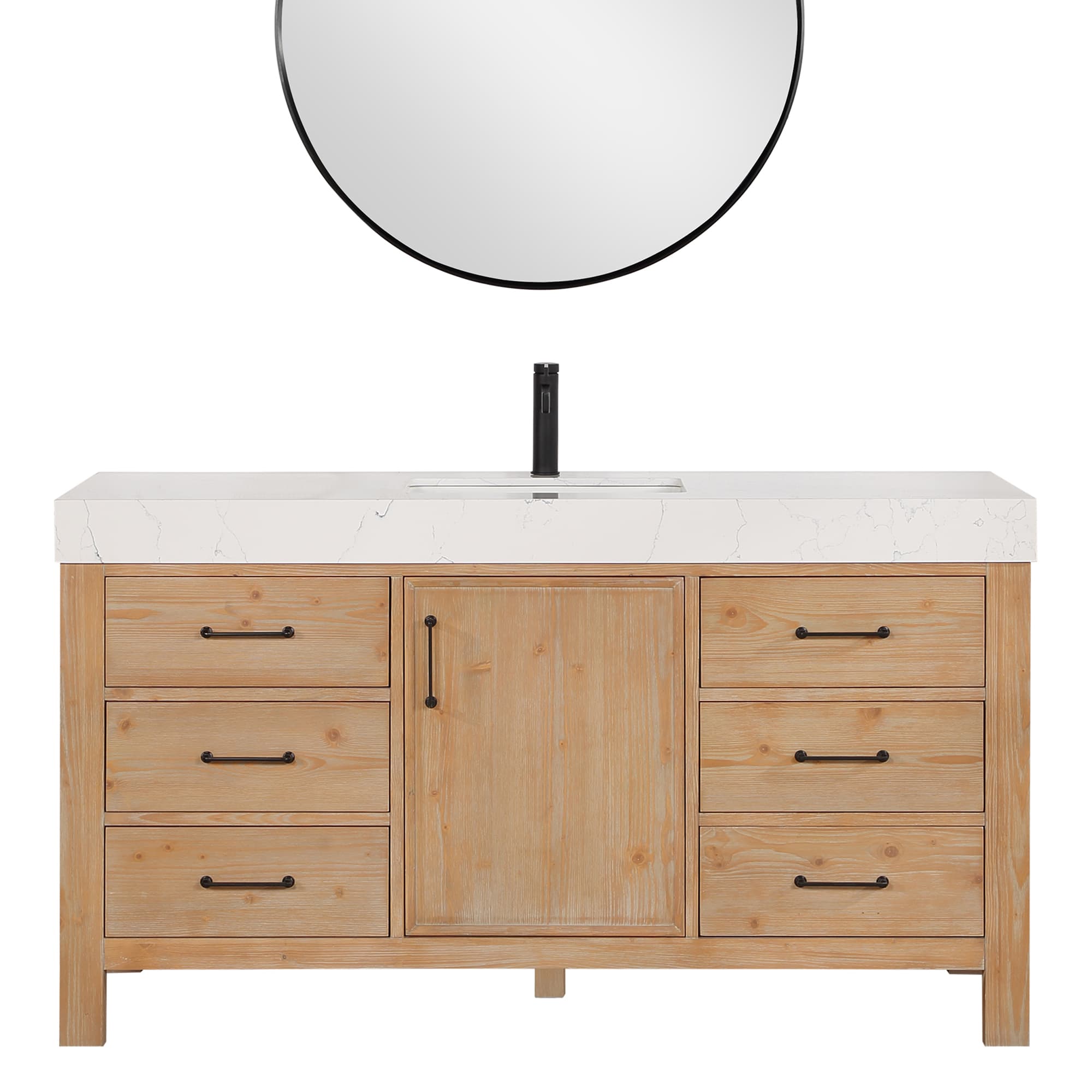 León 60in. Free-standing Single Bathroom Vanity in Fir Wood Brown with Composite top in Lightning White and Mirror material