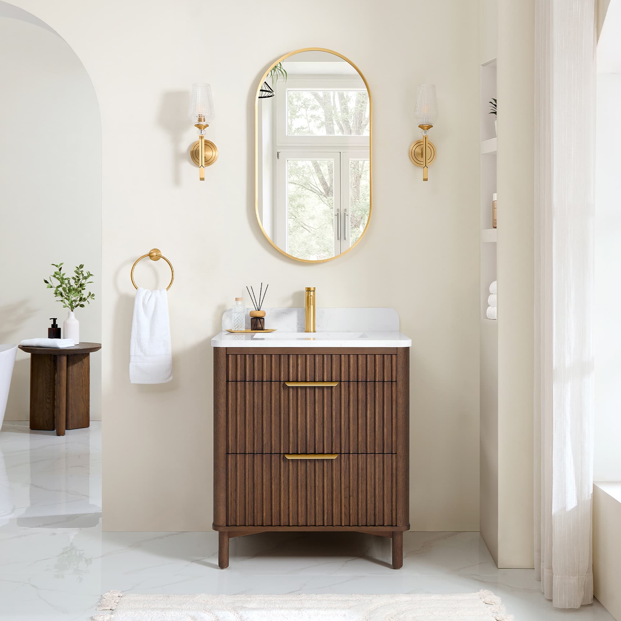 Mumbai 30" Single Sink Bath Vanity in Aged Dark Brown Oak with White Grain Composite Stone Top material