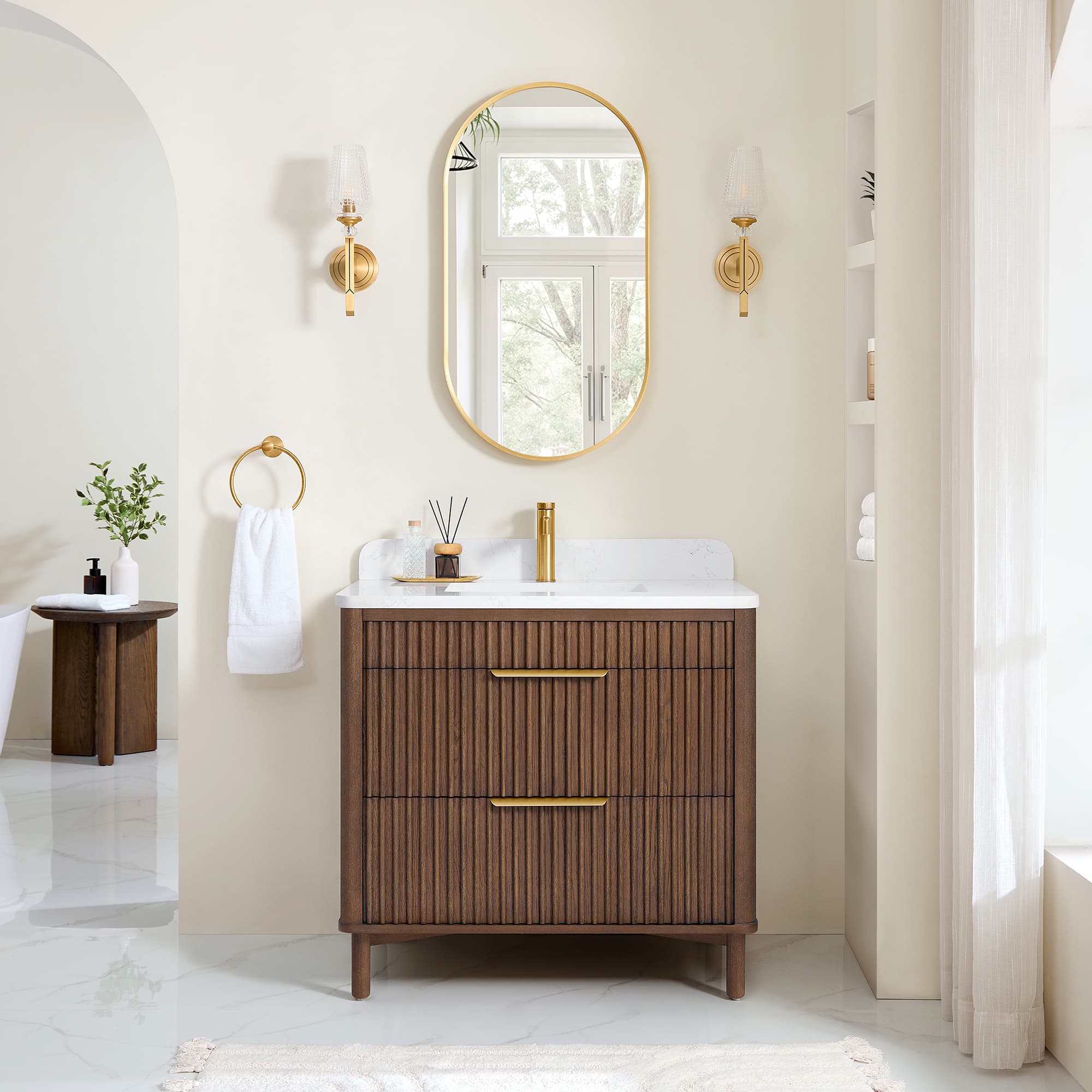 Mumbai 36" Single Sink Bath Vanity in Aged Dark Brown Oak with White Grain Composite Stone Top material