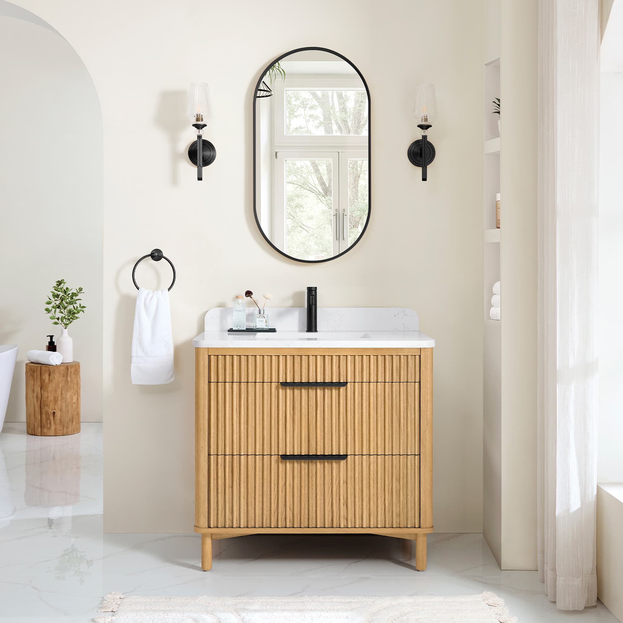 Mumbai 36" Single Sink Bath Vanity in Oak Weathering Light Brown with White Grain Composite Stone Top material