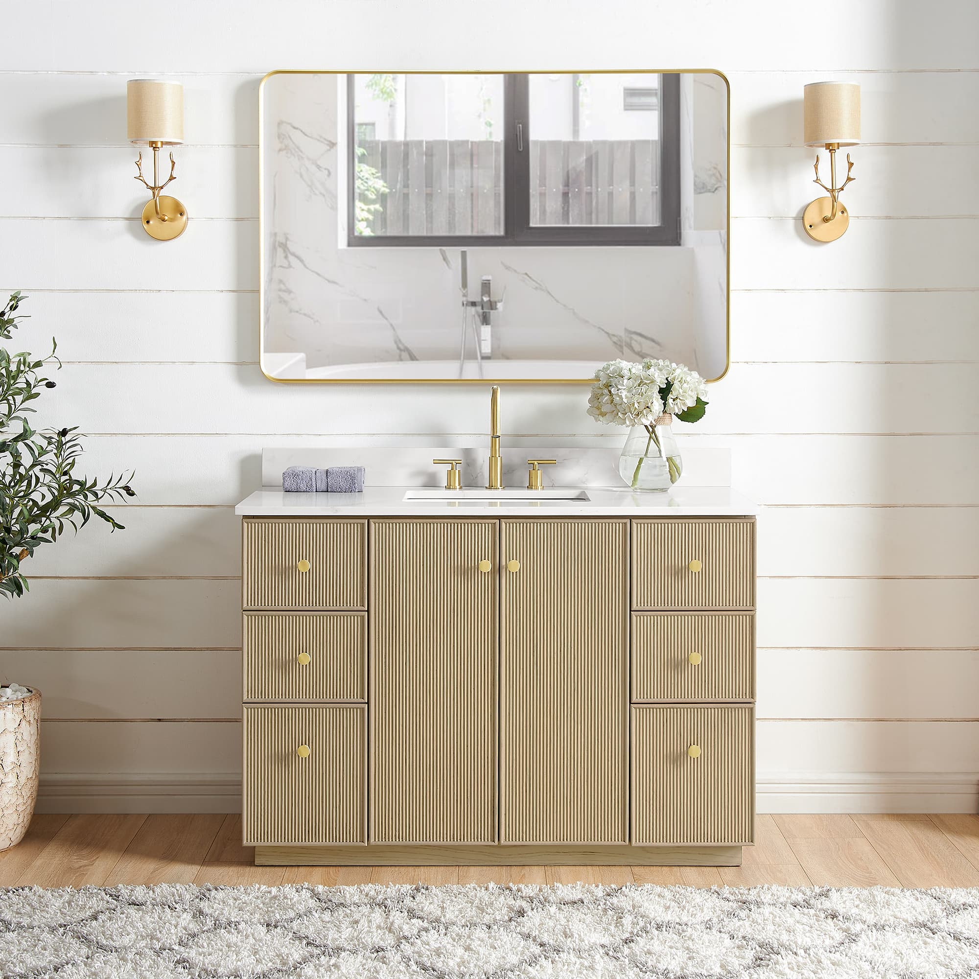 Oza 48" Free-standing Single Bath Vanity in Aged Natural Oak with Fish Maw White Quartz Stone Top material