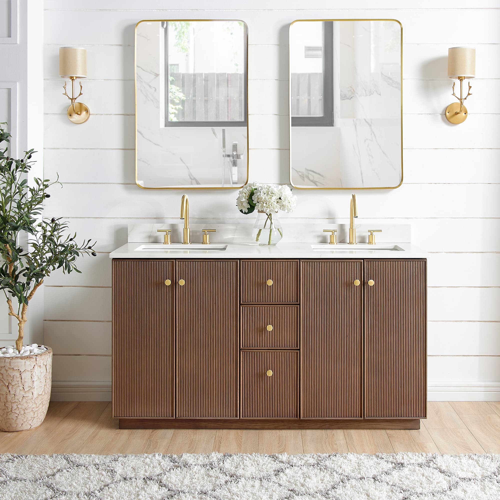 Oza 60M" Free-standing Double Bath Vanity in Aged Dark Brown Oak with Fish Maw White Quartz Stone Top material