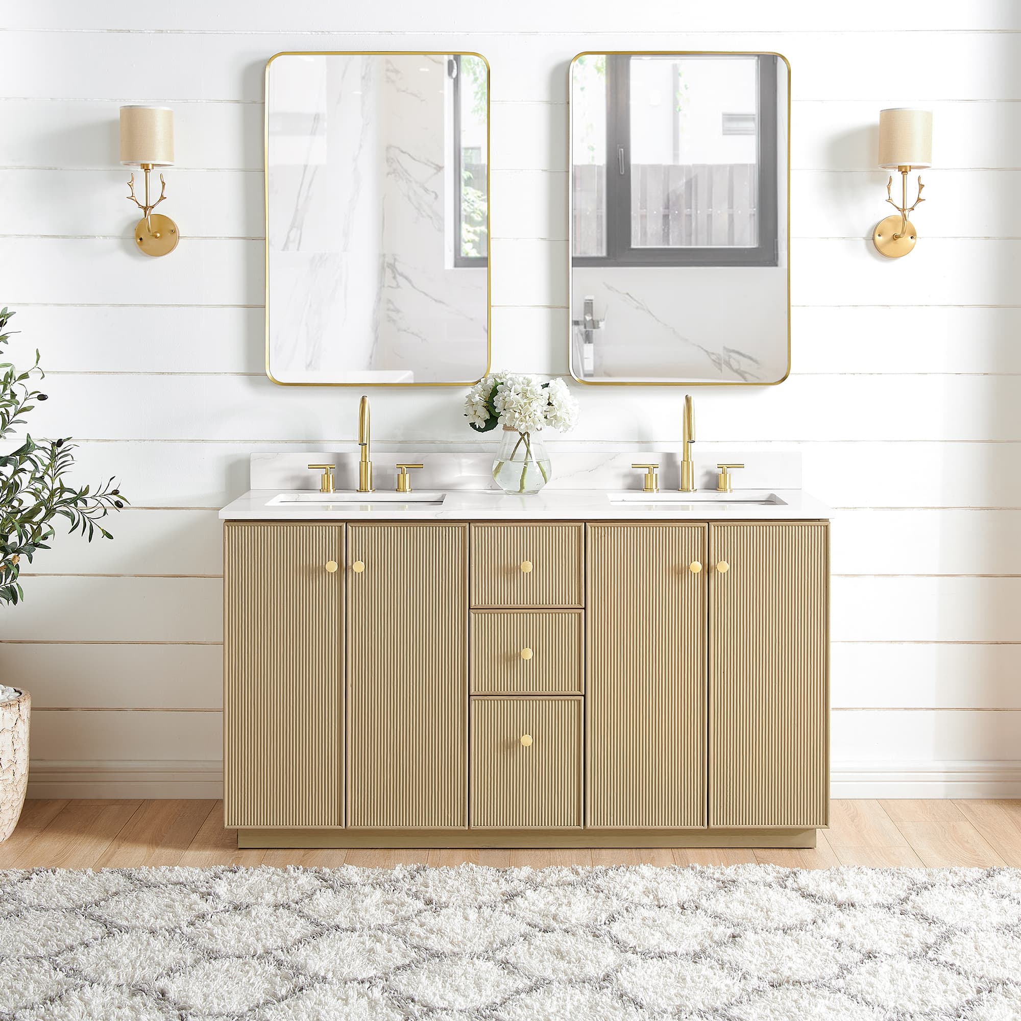 Oza 60M" Free-standing Double Bath Vanity in Aged Natural Oak with Fish Maw White Quartz Stone Top and Mirror material