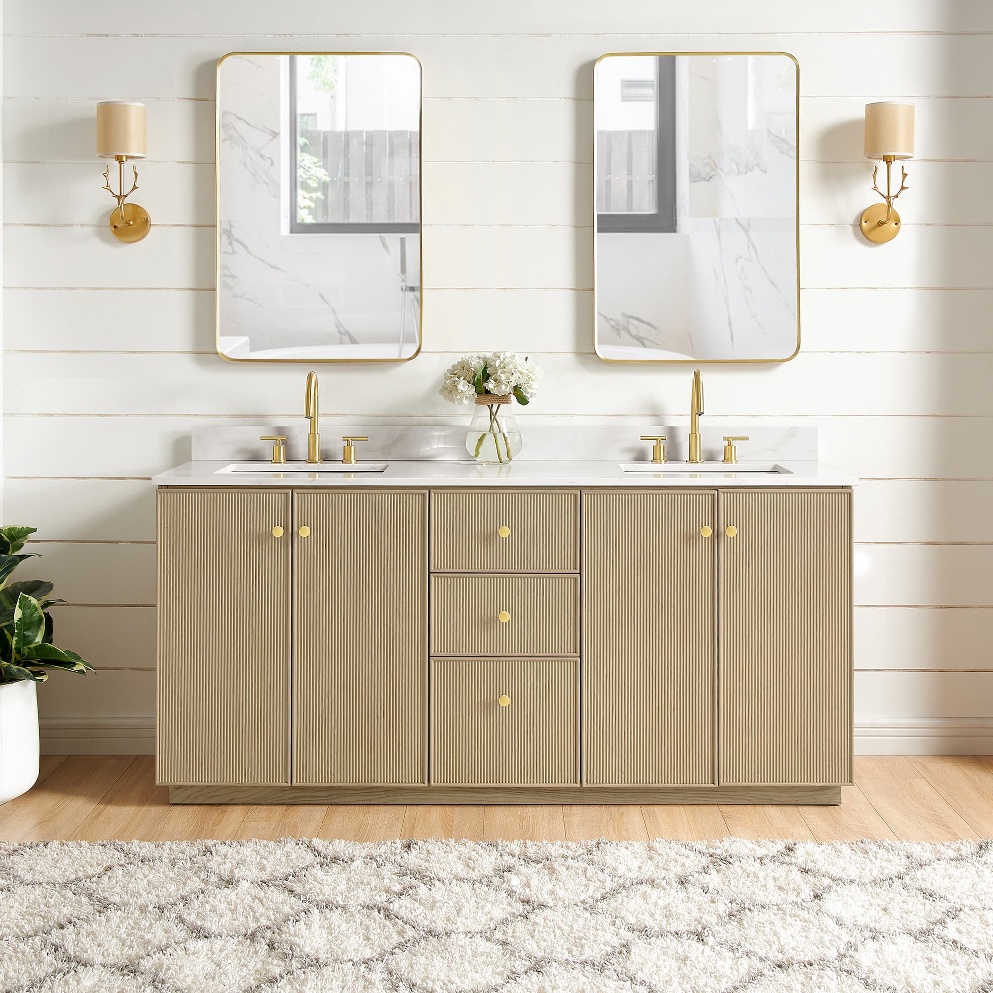Oza 72" Free-standing Double Bath Vanity in Aged Natural Oak with Fish Maw White Quartz Stone Top material