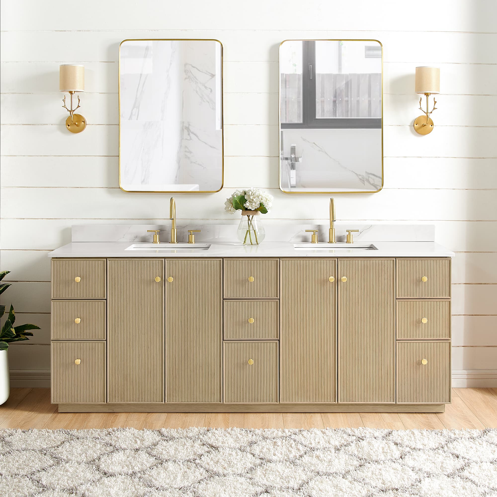 Oza 84" Free-standing Double Bath Vanity in Aged Natural Oak with Fish Maw White Quartz Stone Top material