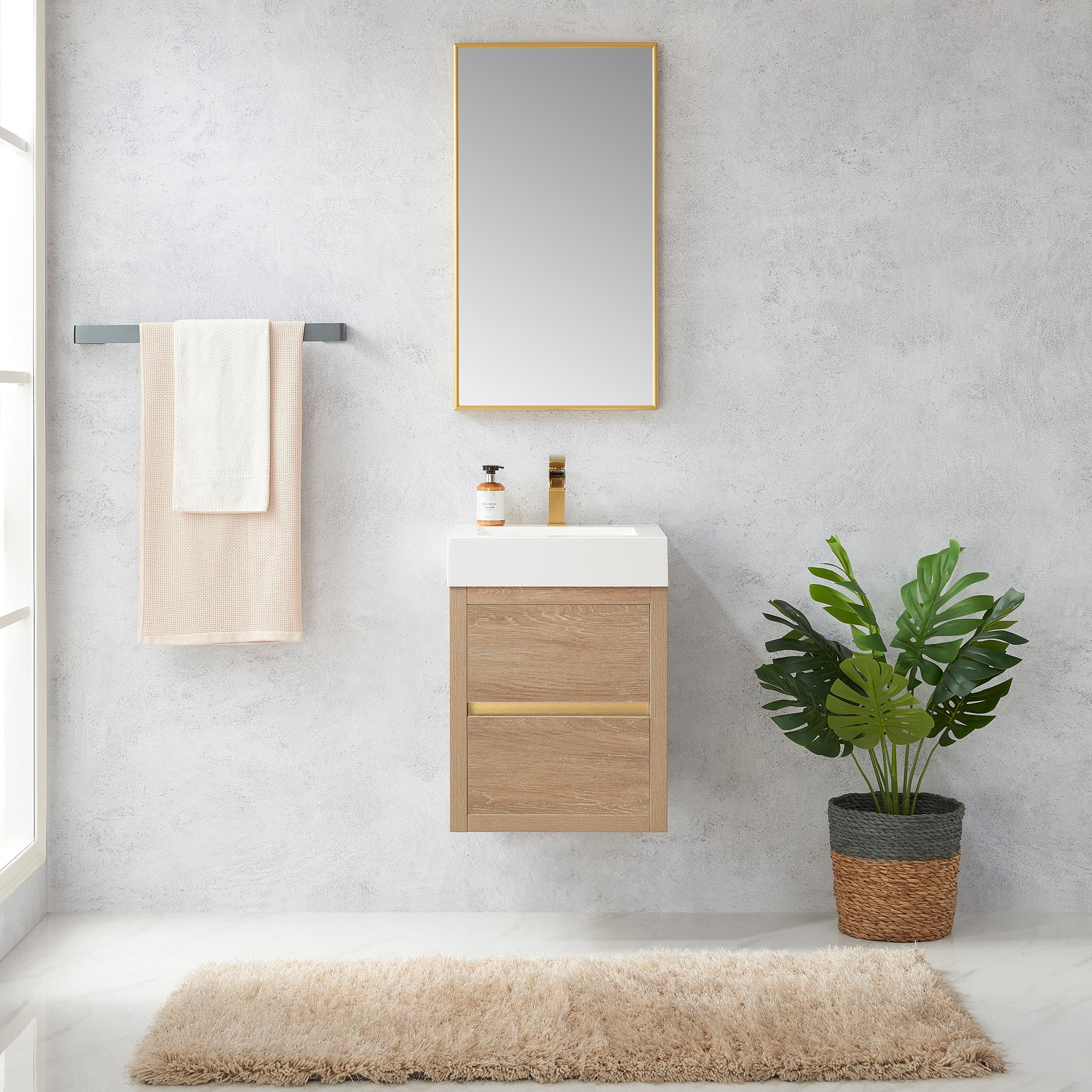 Palencia 18" Single Sink Wall-Mount Bath Vanity in North American Oak with White Composite Integral Square Sink Top and Mirror material
