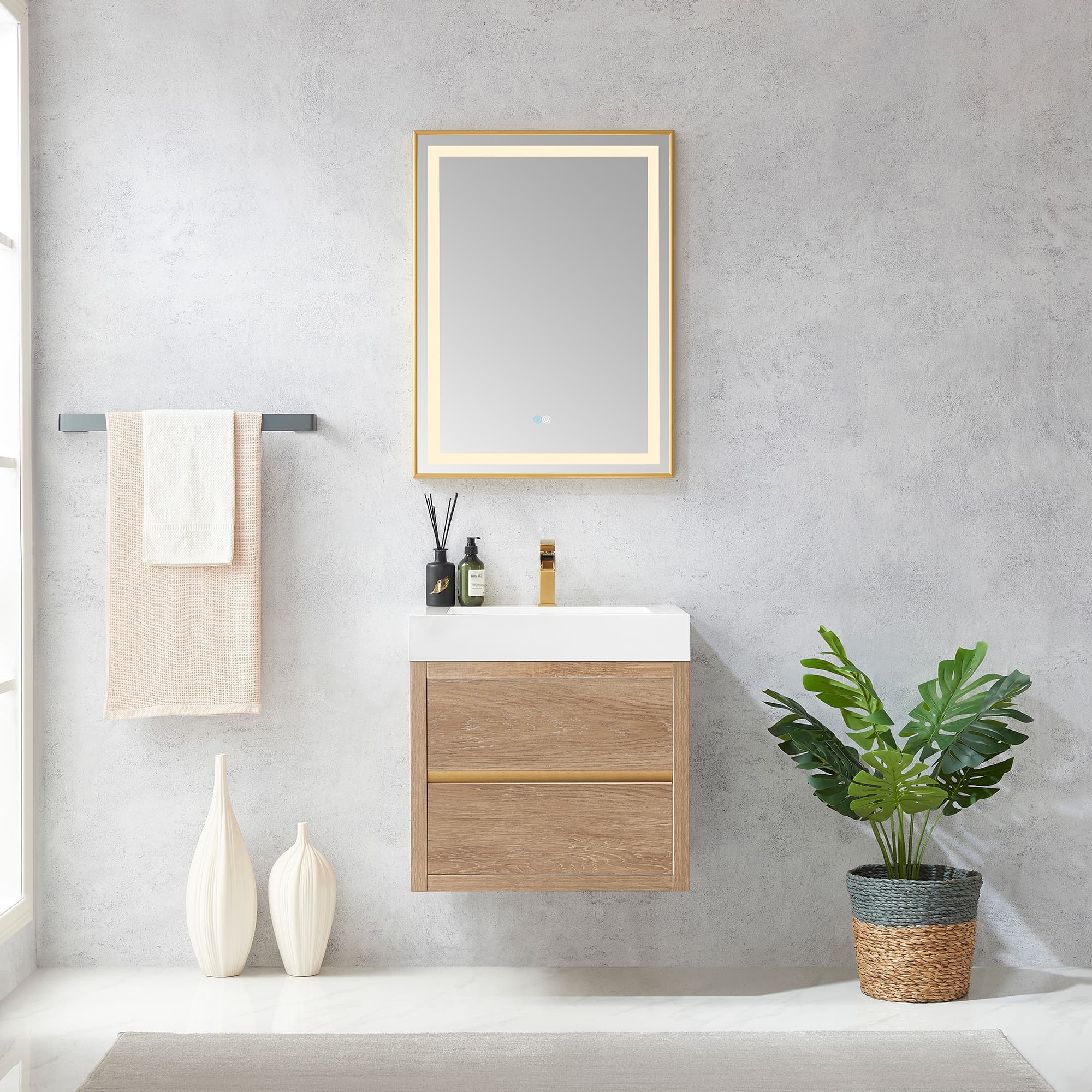 Palencia 24" Single Sink Wall-Mount Bath Vanity in North American Oak with White Composite Integral Square Sink Top and Mirror material