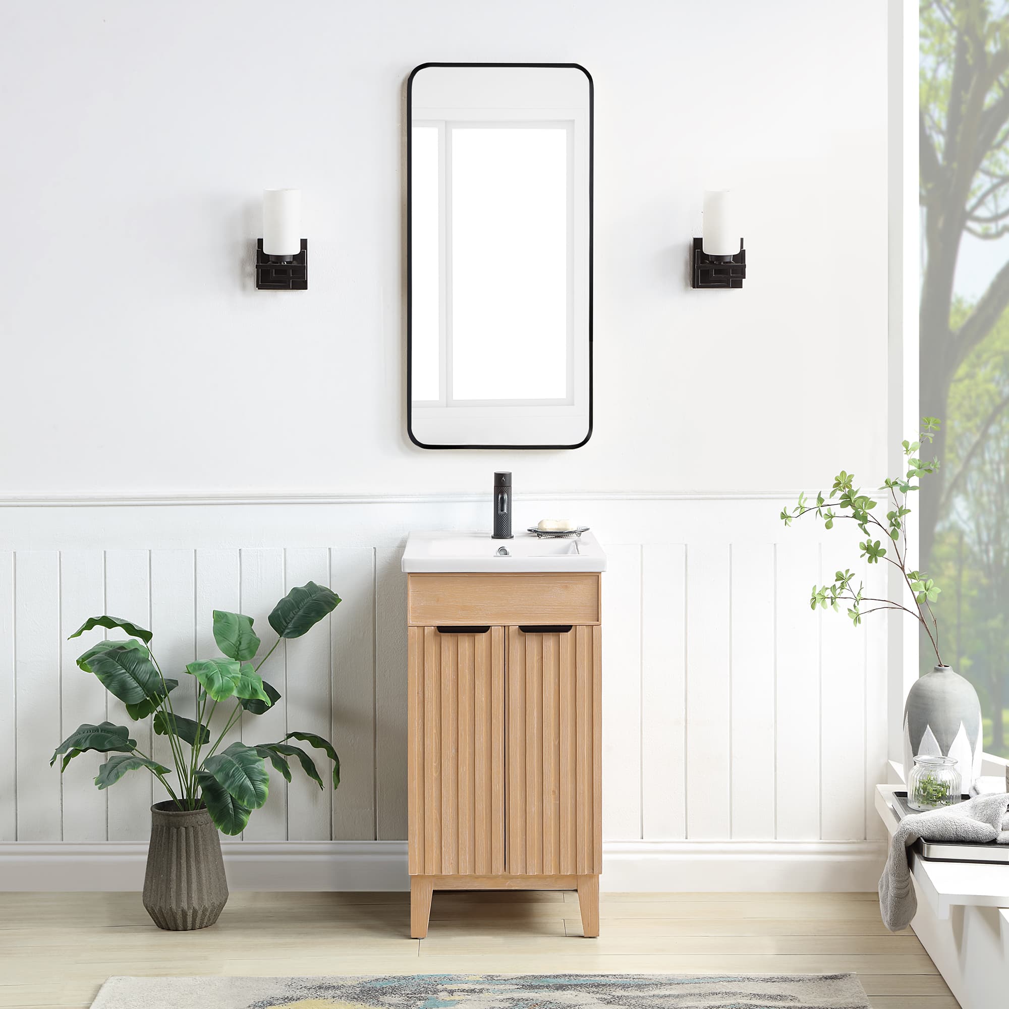 Palos 18" Free-standing Single Bath Vanity in Fir Wood Brown with Drop-In White Ceramic Basin Top and Mirror material