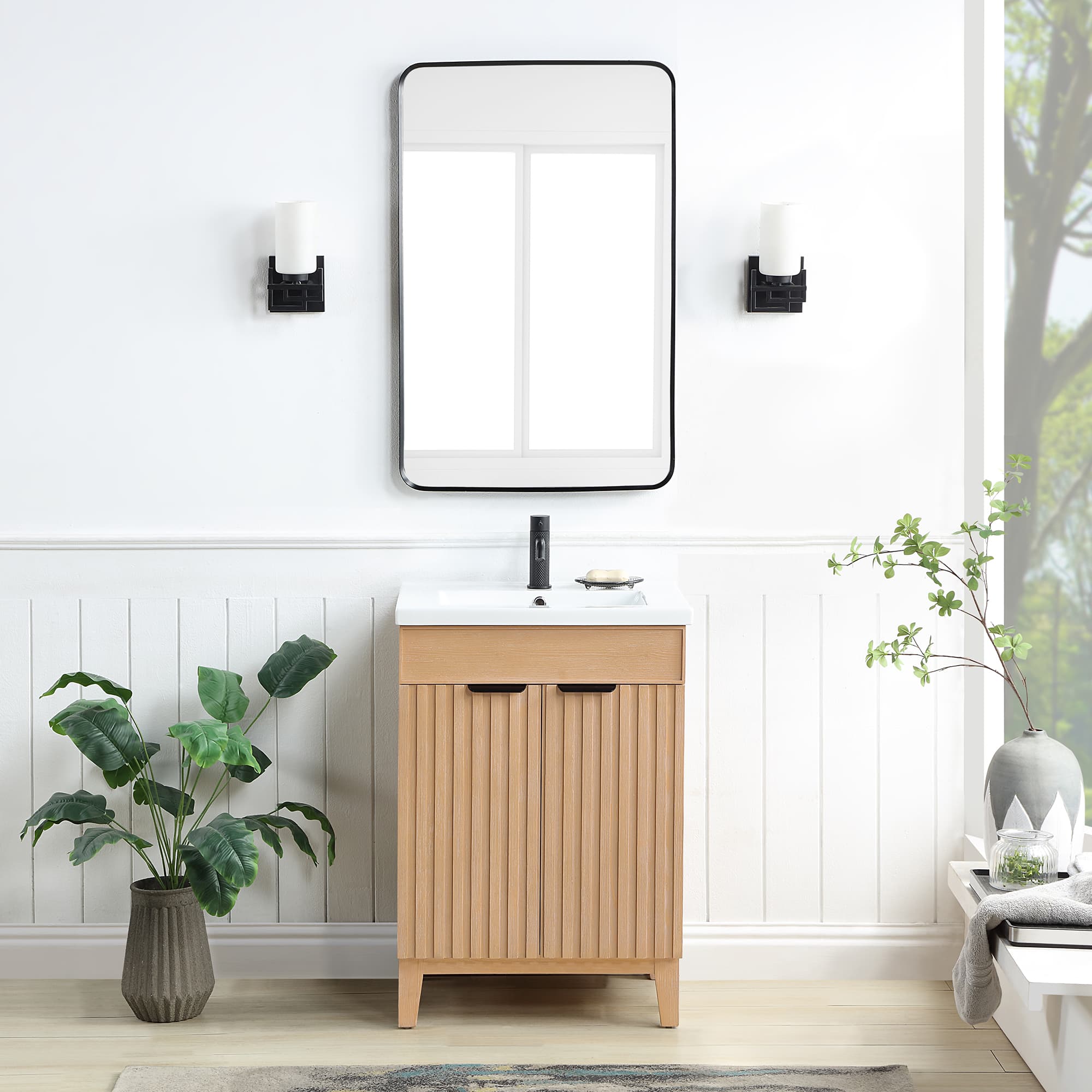 Palos 24" Free-standing Single Bath Vanity in Fir Wood Brown with Drop-In White Ceramic Basin Top material