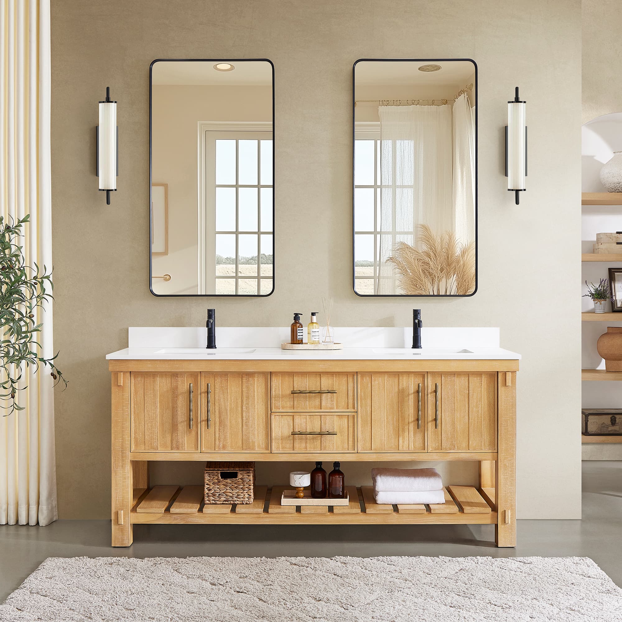 Paris 72" Free-standing Double Bath Vanity in Acacia Classic Grey with Pure White Quartz Stone Top material