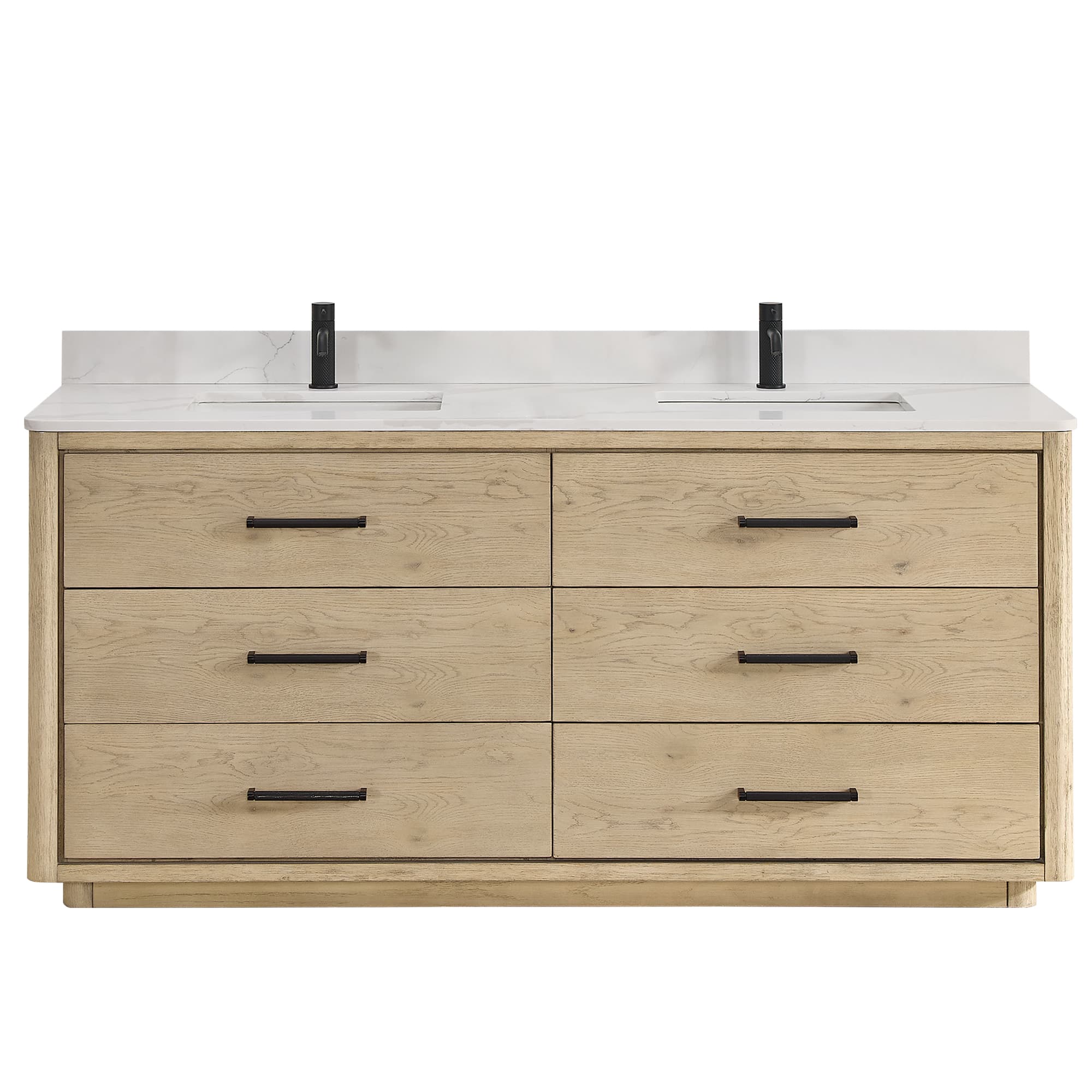 Porto 72" Free-standing Double Bath Vanity in Aged Natural Oak with Fish Maw White Quartz Stone Top material