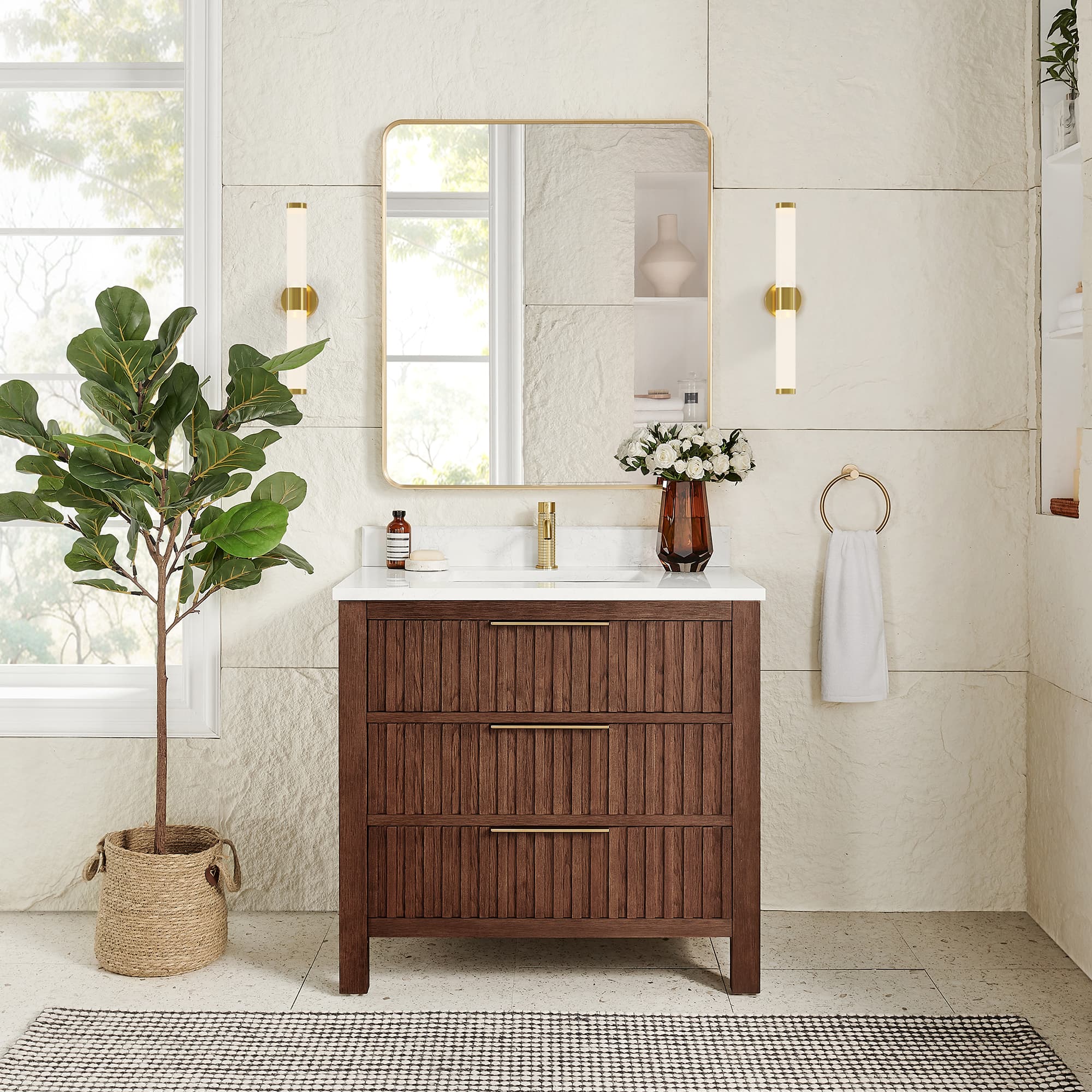 Shenzhen 36" Single Sink Bath Vanity in Aged Dark Brown Oak with White Grain Composite Stone Top material