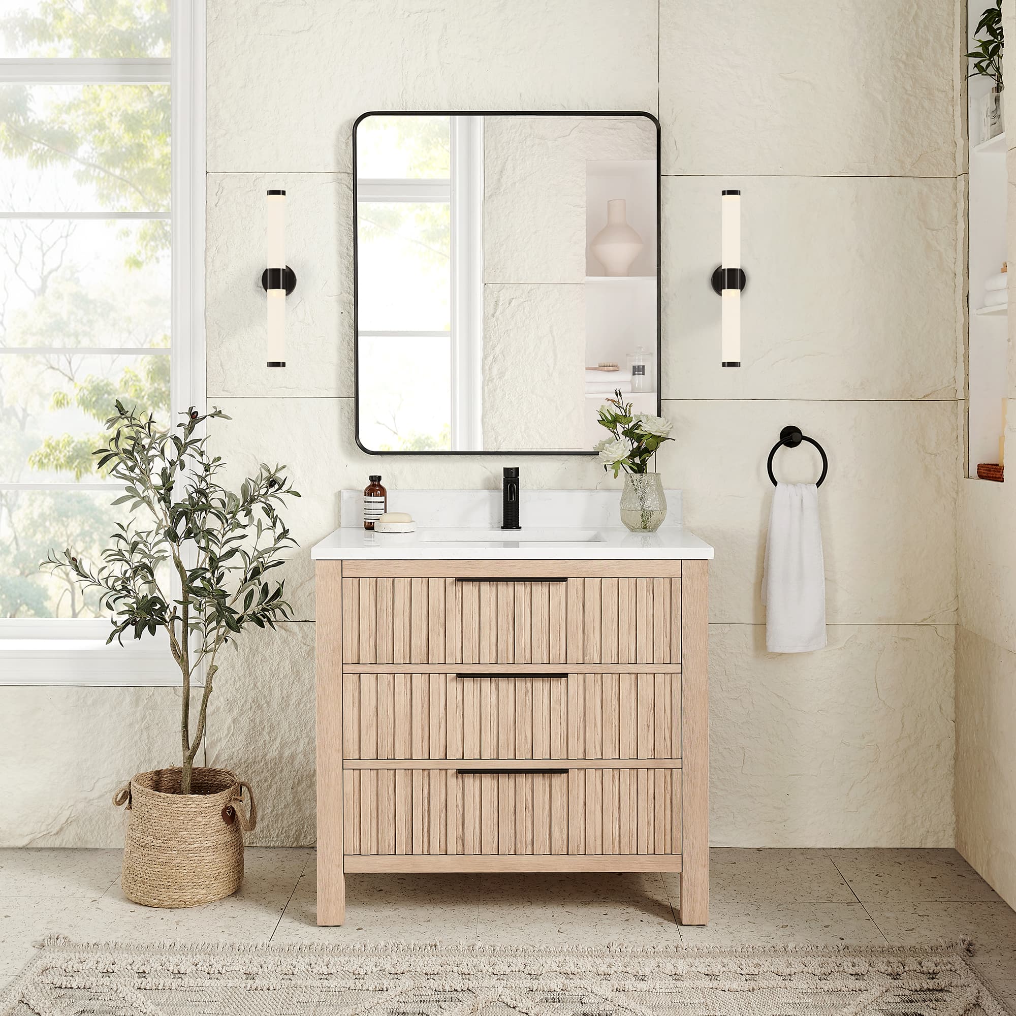Shenzhen 36" Single Sink Bath Vanity in Aged Natural Oak with White Grain Composite Stone Top material