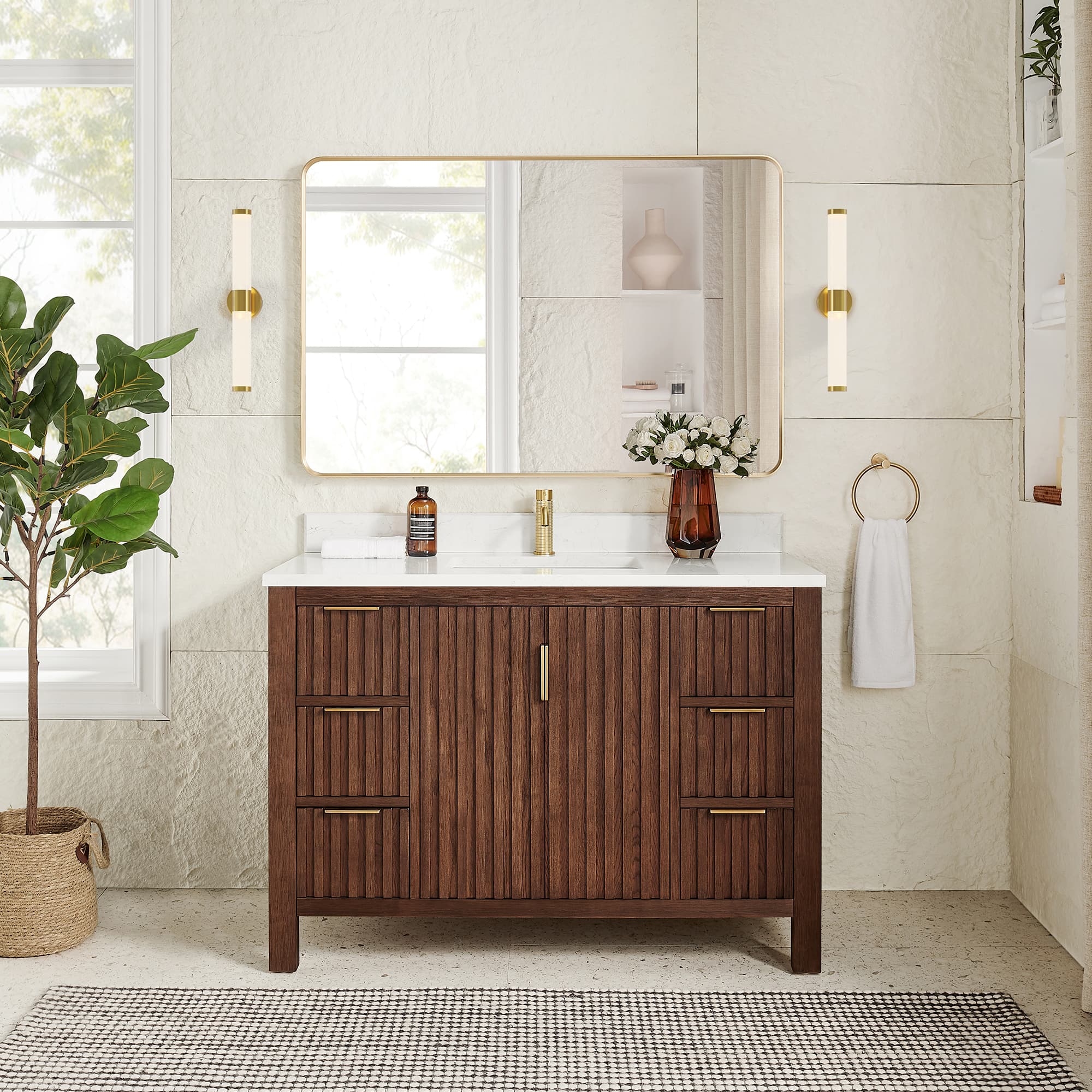 Shenzhen 48" Single Sink Bath Vanity in Aged Dark Brown Oak with White Grain Composite Stone Top material