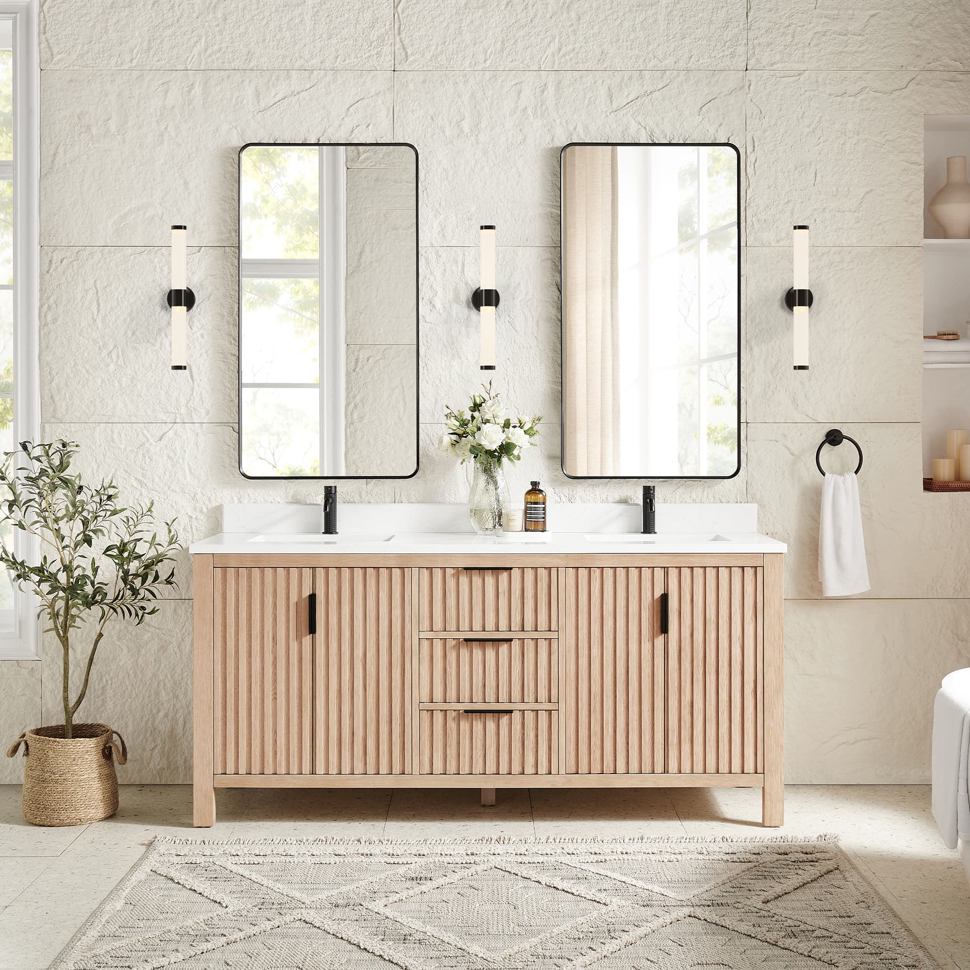 Shenzhen 72" Double Sink Bath Vanity in Aged Natural Oak with White Grain Composite Stone Top material