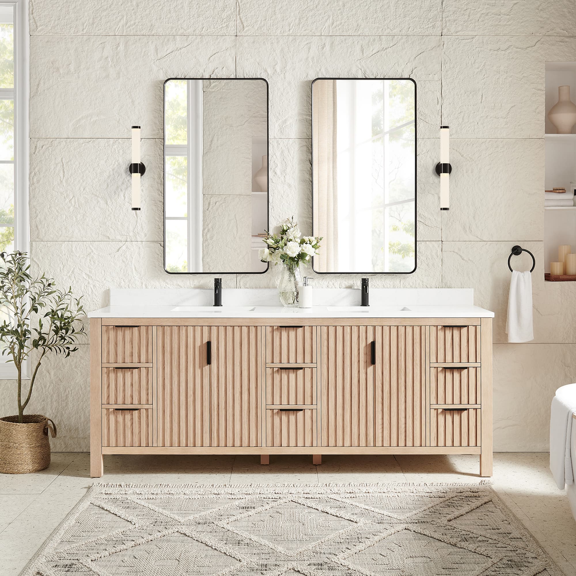 Shenzhen 84" Double Sink Bath Vanity in Aged Natural Oak with White Grain Composite Stone Top material
