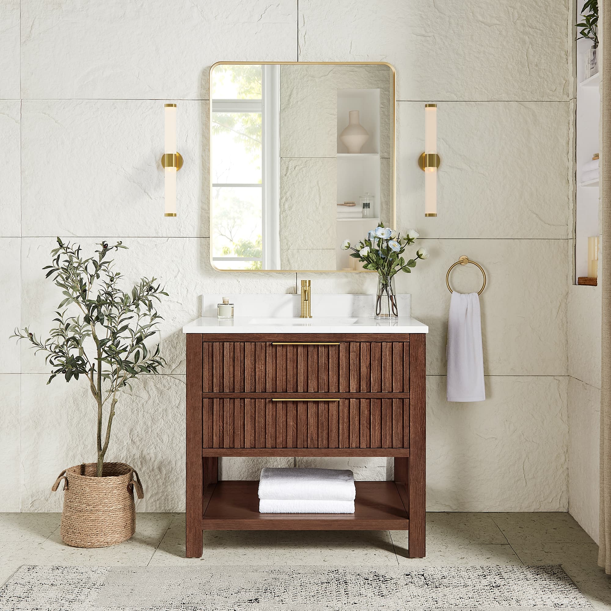 Tehran 36" Single Sink Bath Vanity in Aged Dark Brown Oak with White Grain Composite Stone Top material