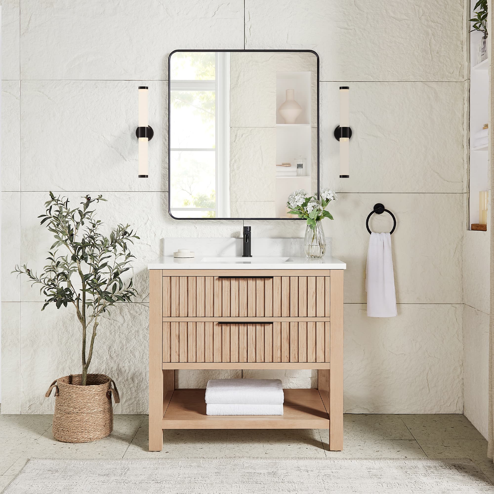 Tehran 36" Single Sink Bath Vanity in Aged Natural Oak with White Grain Composite Stone Top material