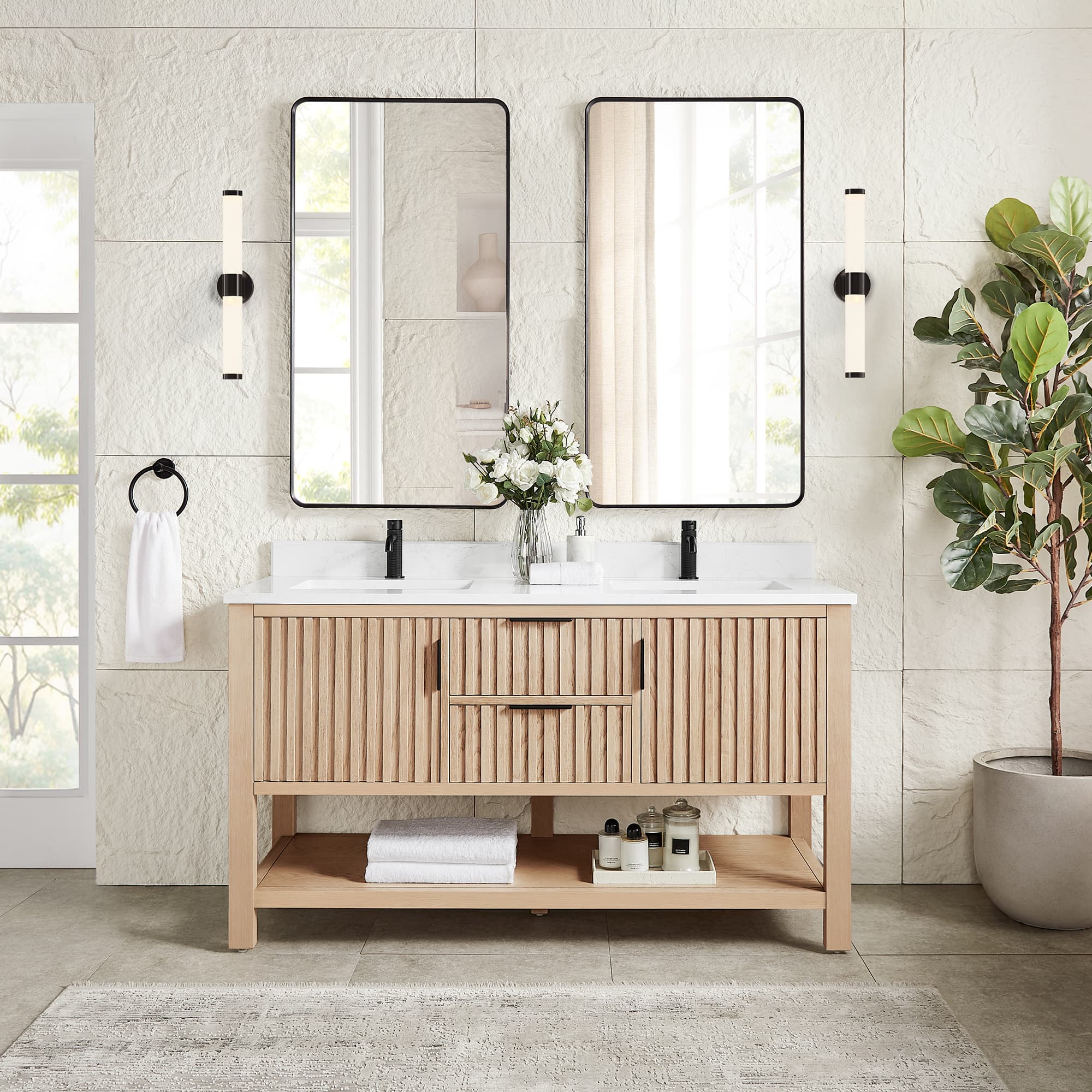 Tehran 60M" Double Sink Bath Vanity in Aged Natural Oak with White Grain Composite Stone Top material