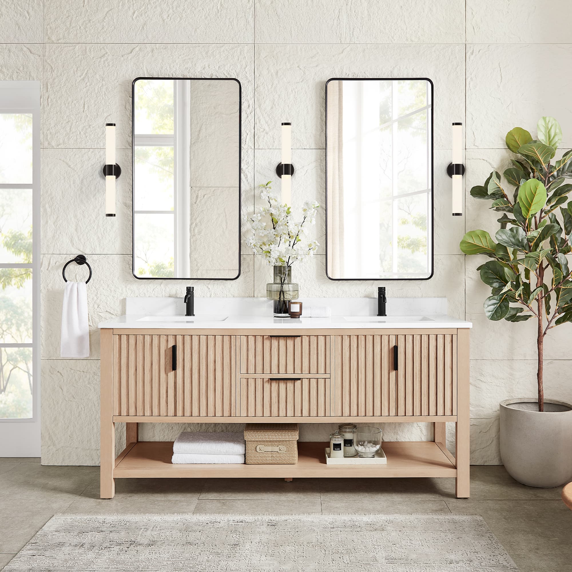 Tehran 72" Double Sink Bath Vanity in Aged Natural Oak with White Grain Composite Stone Top material