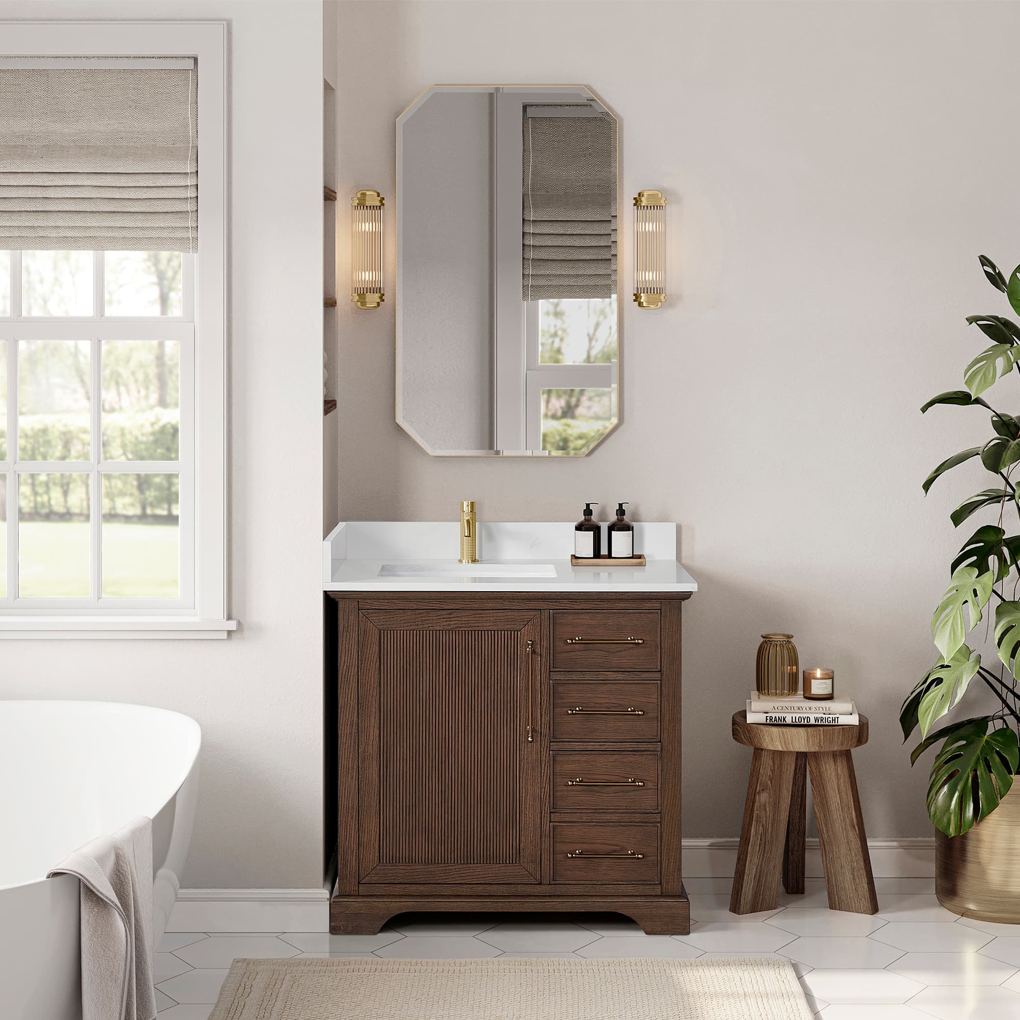 Tokyo 36" Freestanding Single Bath Vanity in Aged Dark Brown Oak with Silk White Quartz Stone Top material