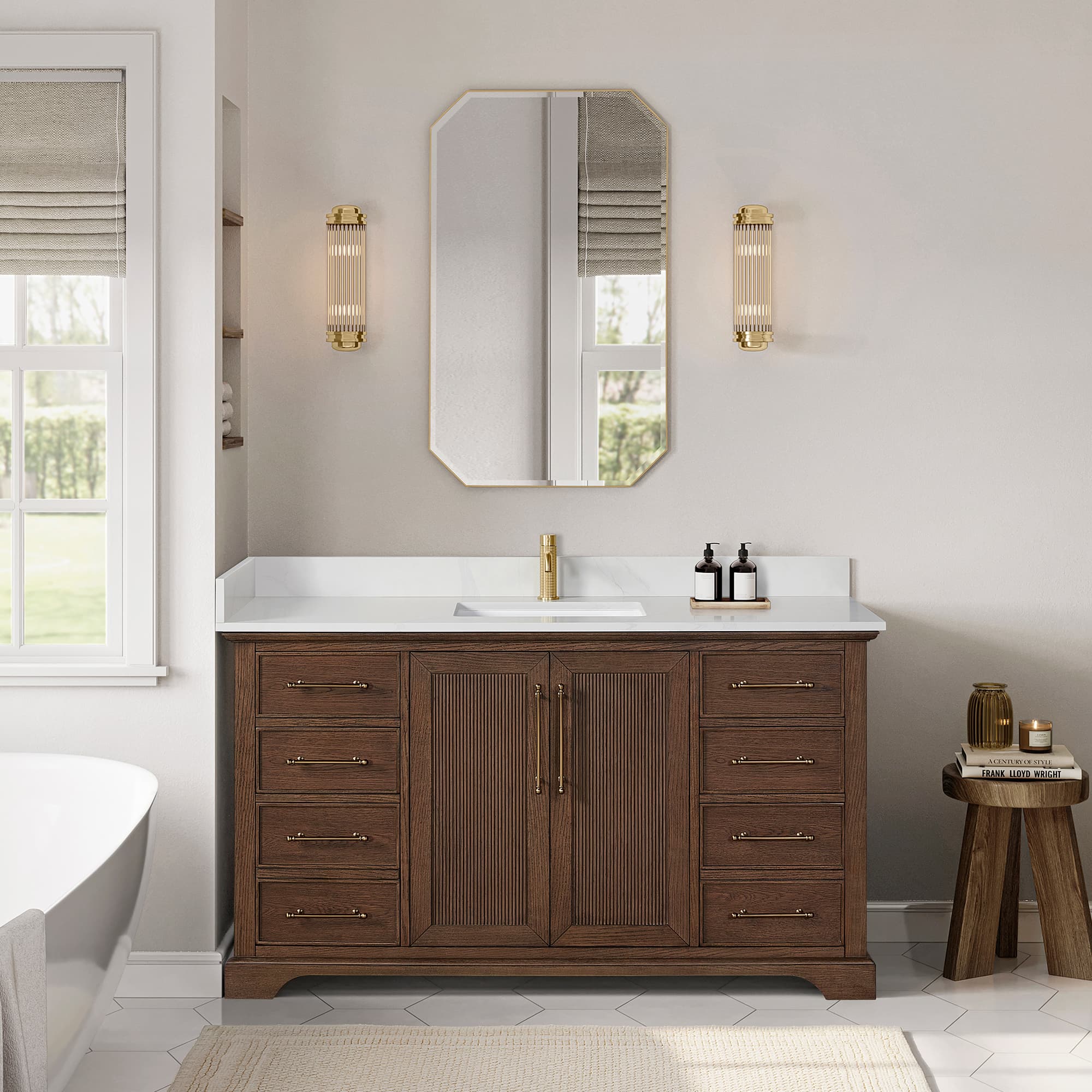 Tokyo 60" Freestanding Single Bath Vanity in Aged Dark Brown Oak with Silk White Quartz Stone Top material
