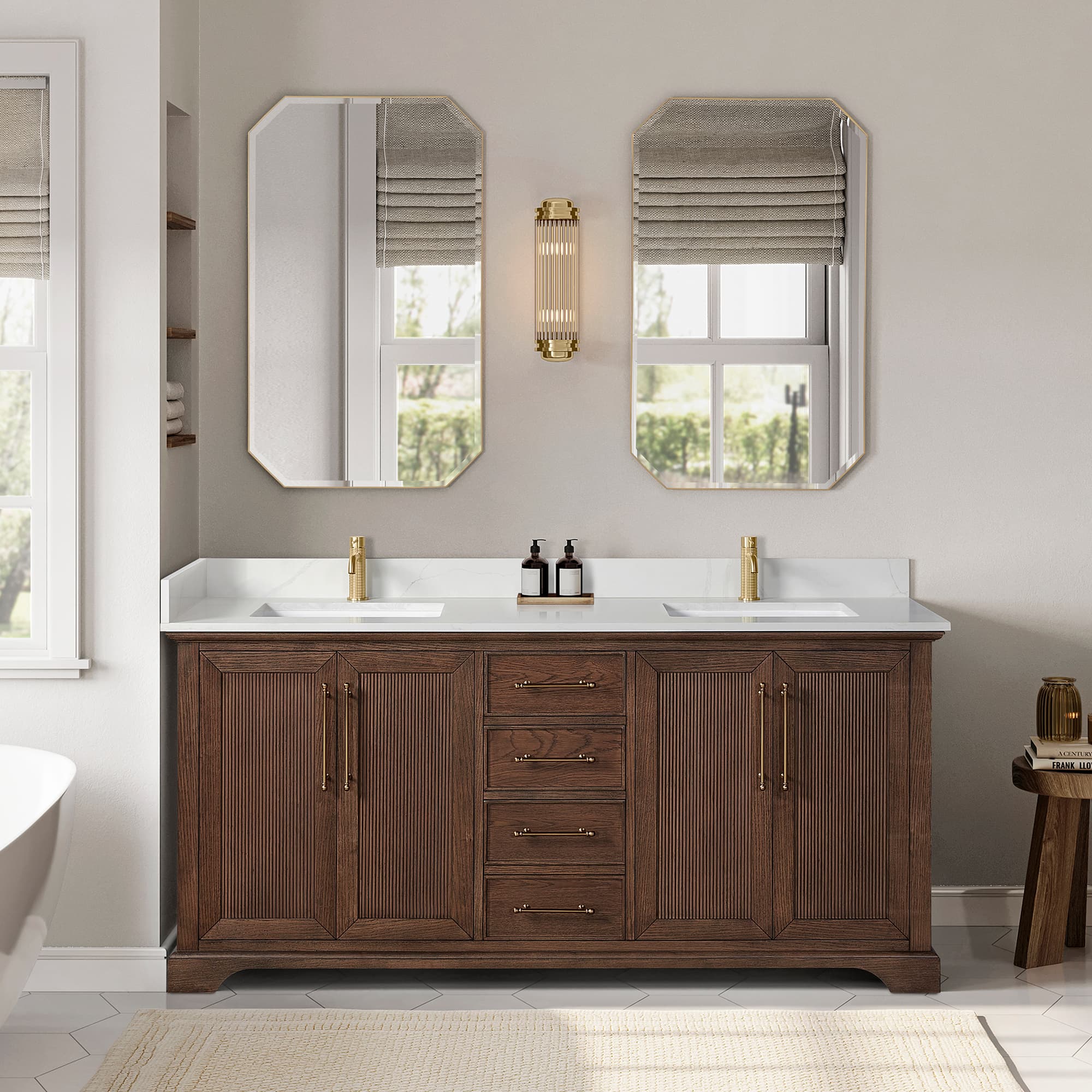 Tokyo 72" Freestanding Double Bath Vanity in Aged Dark Brown Oak with Silk White Quartz Stone Top material