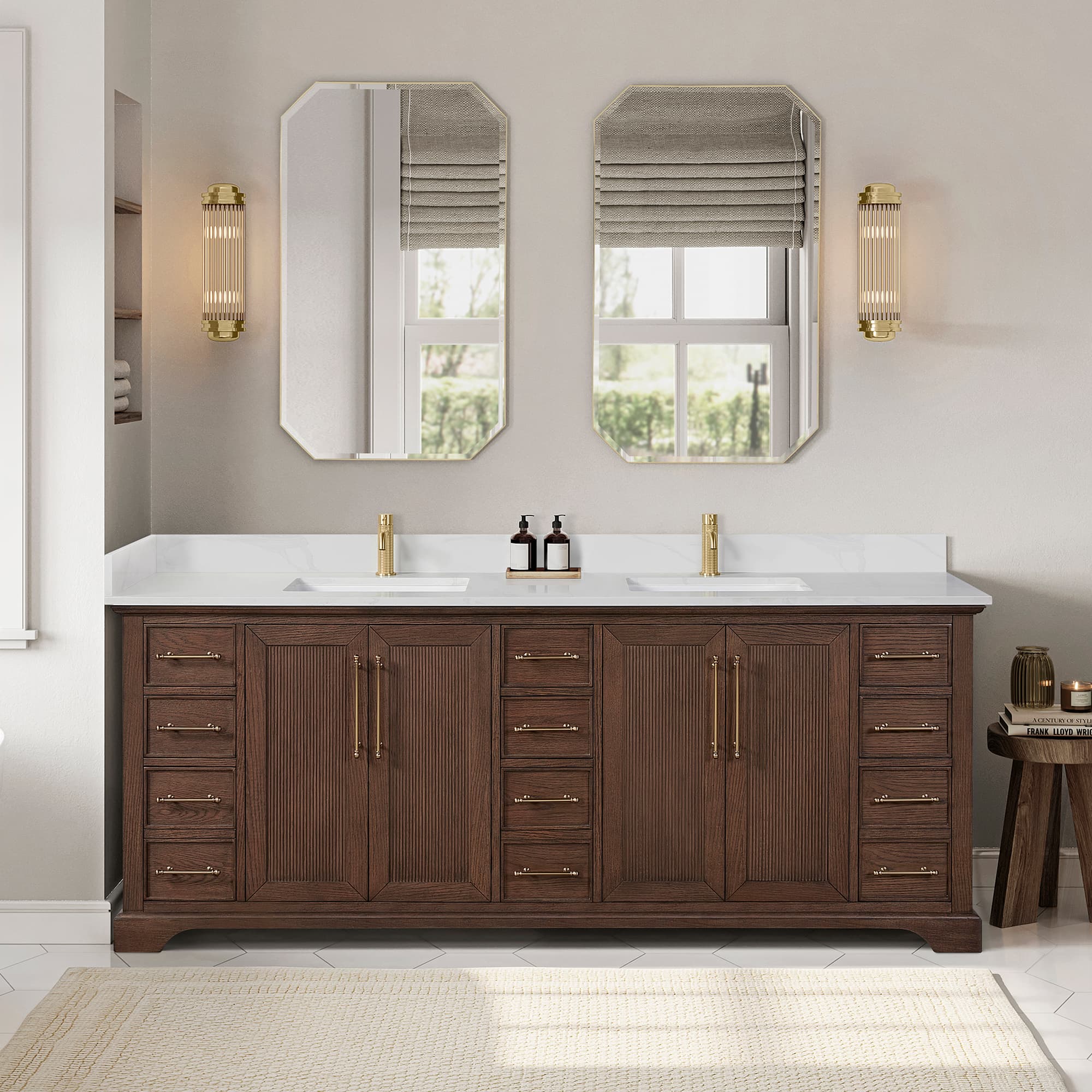 Tokyo 84" Freestanding Double Bath Vanity in Aged Dark Brown Oak with Silk White Quartz Stone Top material