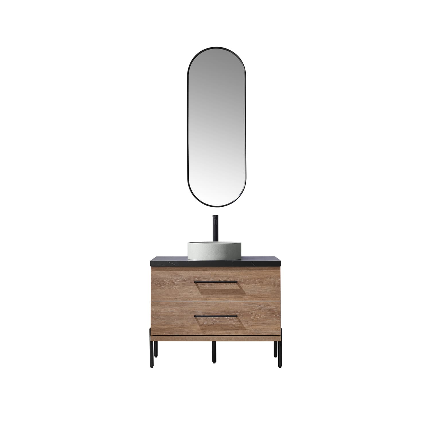 Trento 36" Single Sink Bath Vanity in North American Oak with Black Sintered Stone Top with Concrete Sink and Mirror material