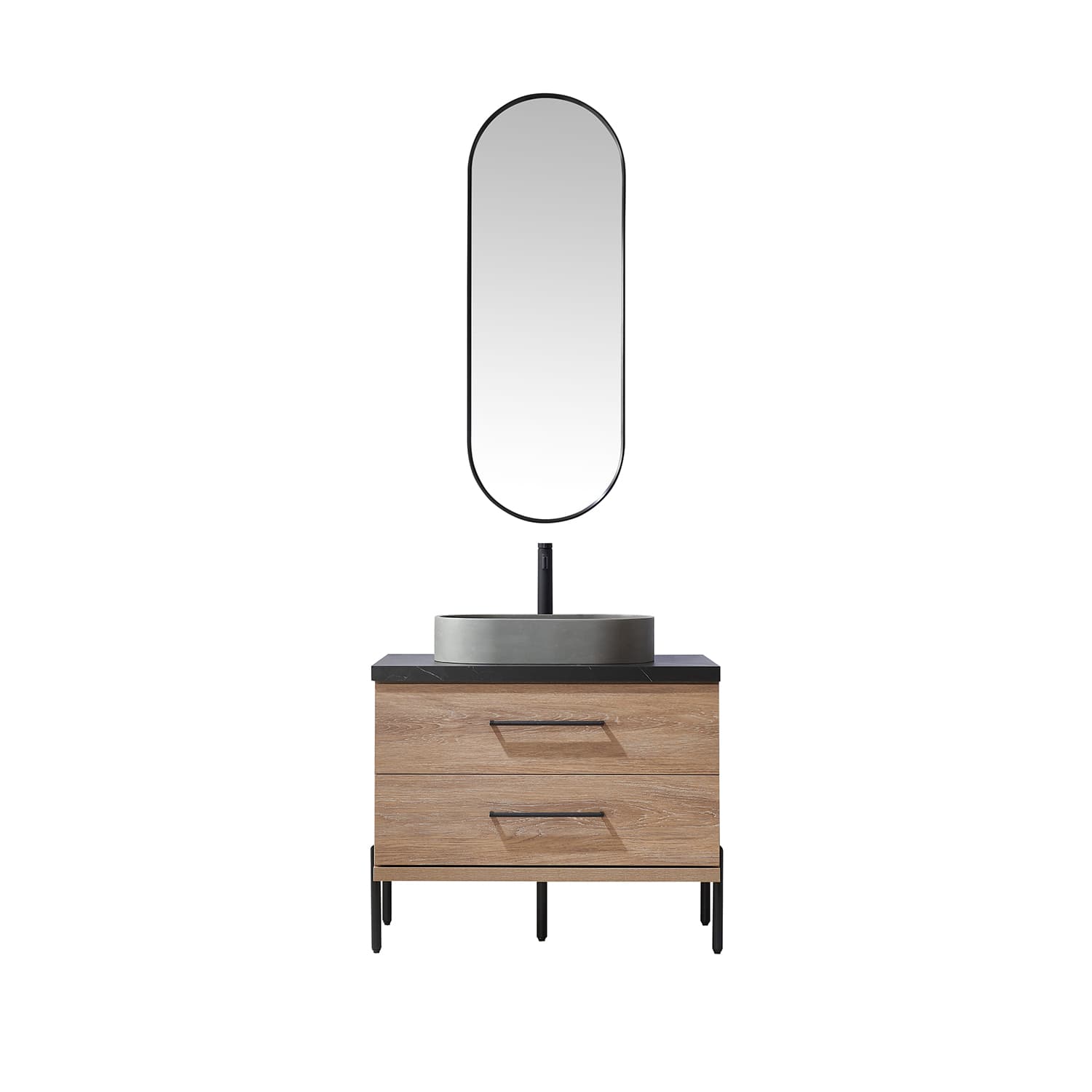 Trento 36" Single Sink Bath Vanity in North American Oak with Black Sintered Stone Top with Concrete Sink and Mirror material