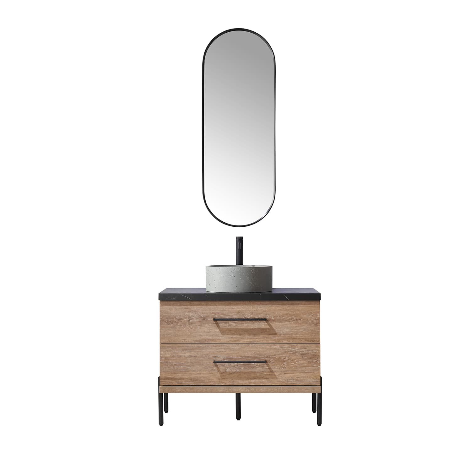 Trento 36" Single Sink Bath Vanity in North American Oak with Black Sintered Stone Top with Concrete Sink and Mirror material